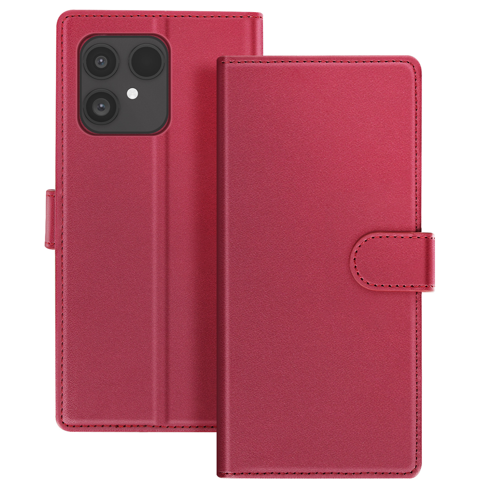 È mostrata una custodia rossa per telefono con patta e chiusura a bottone. La custodia ha un modulo fotocamera sul lato sinistro.