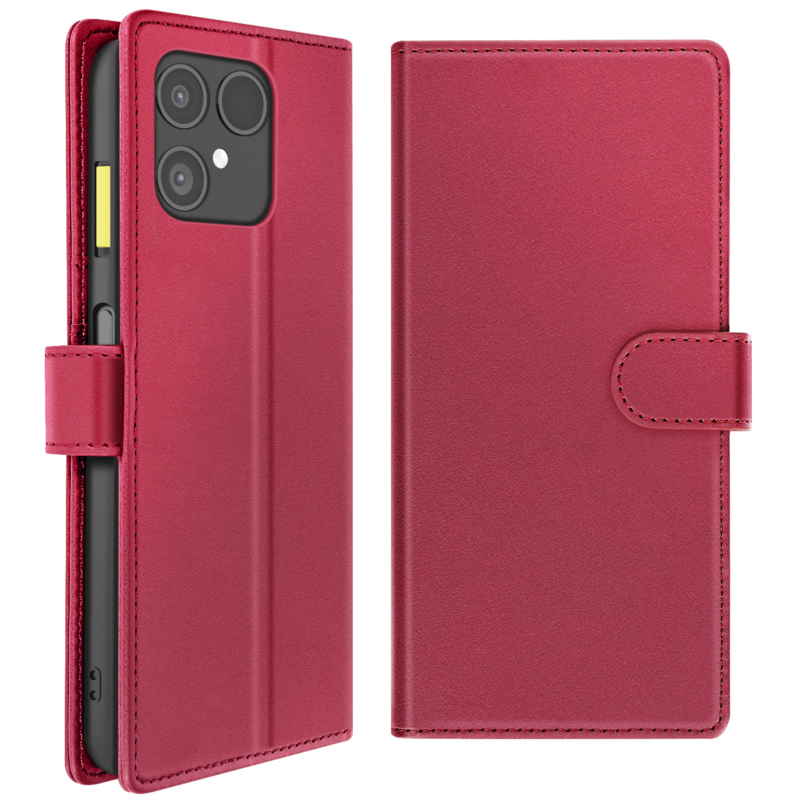 Una custodia rossa per telefono è aperta, rivelando un telefono. Il lato destro è chiuso. La custodia ha una chiusura magnetica.