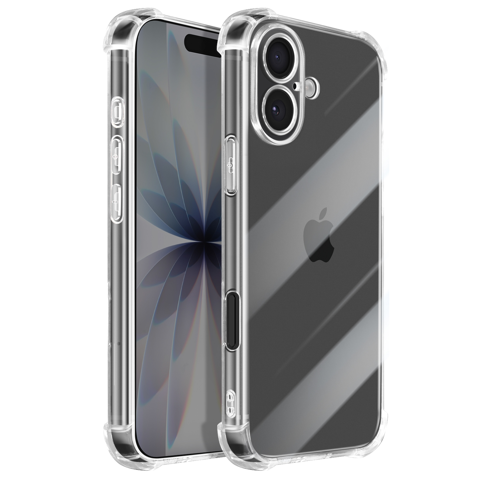 Transparante telefoonhoes met telefoon erin, toont de achterkant met camera en Apple-logo. De hoes is transparant.