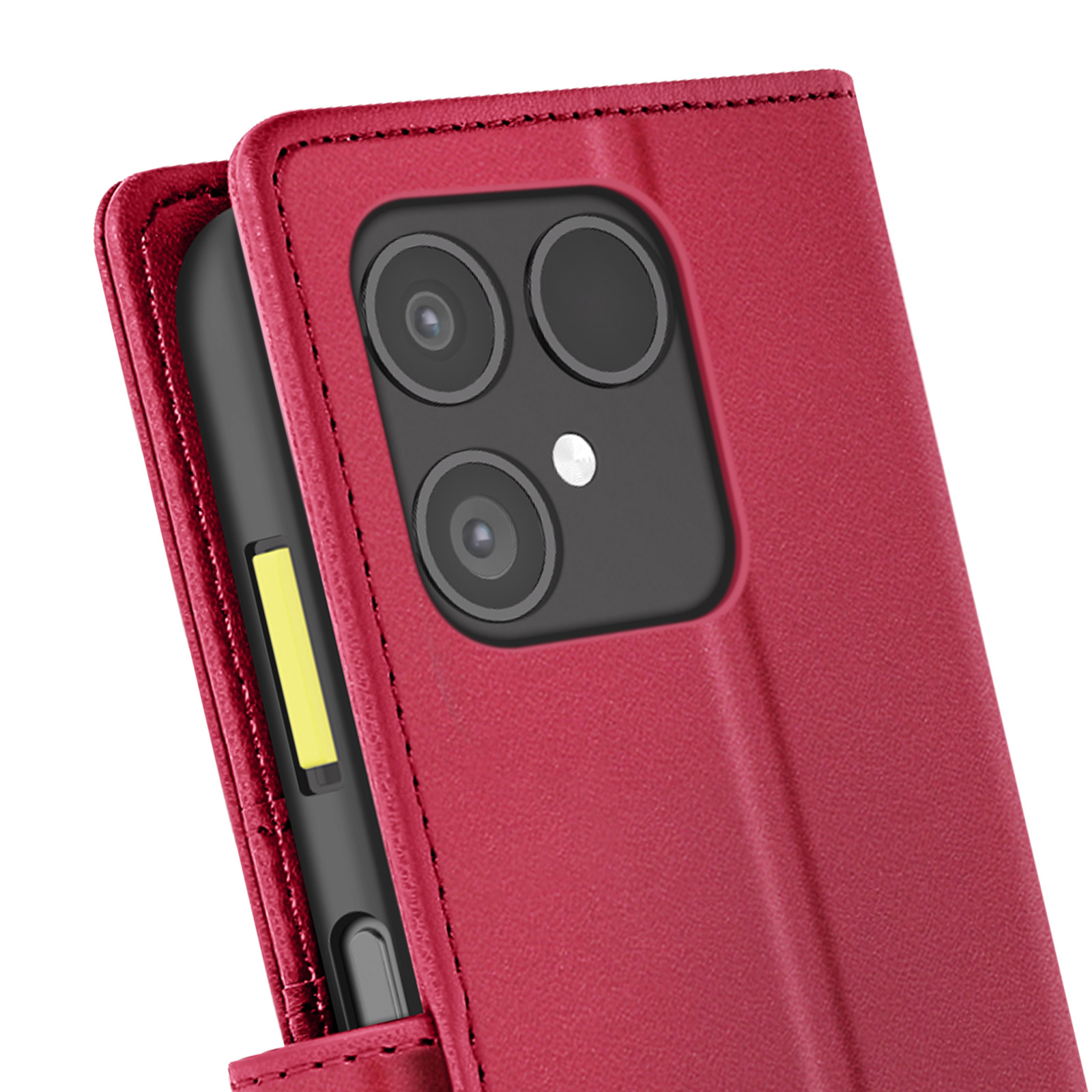Primo piano di una custodia rossa per telefono con un telefono nero all'interno. La custodia ha un ritaglio per la fotocamera con tre lenti.