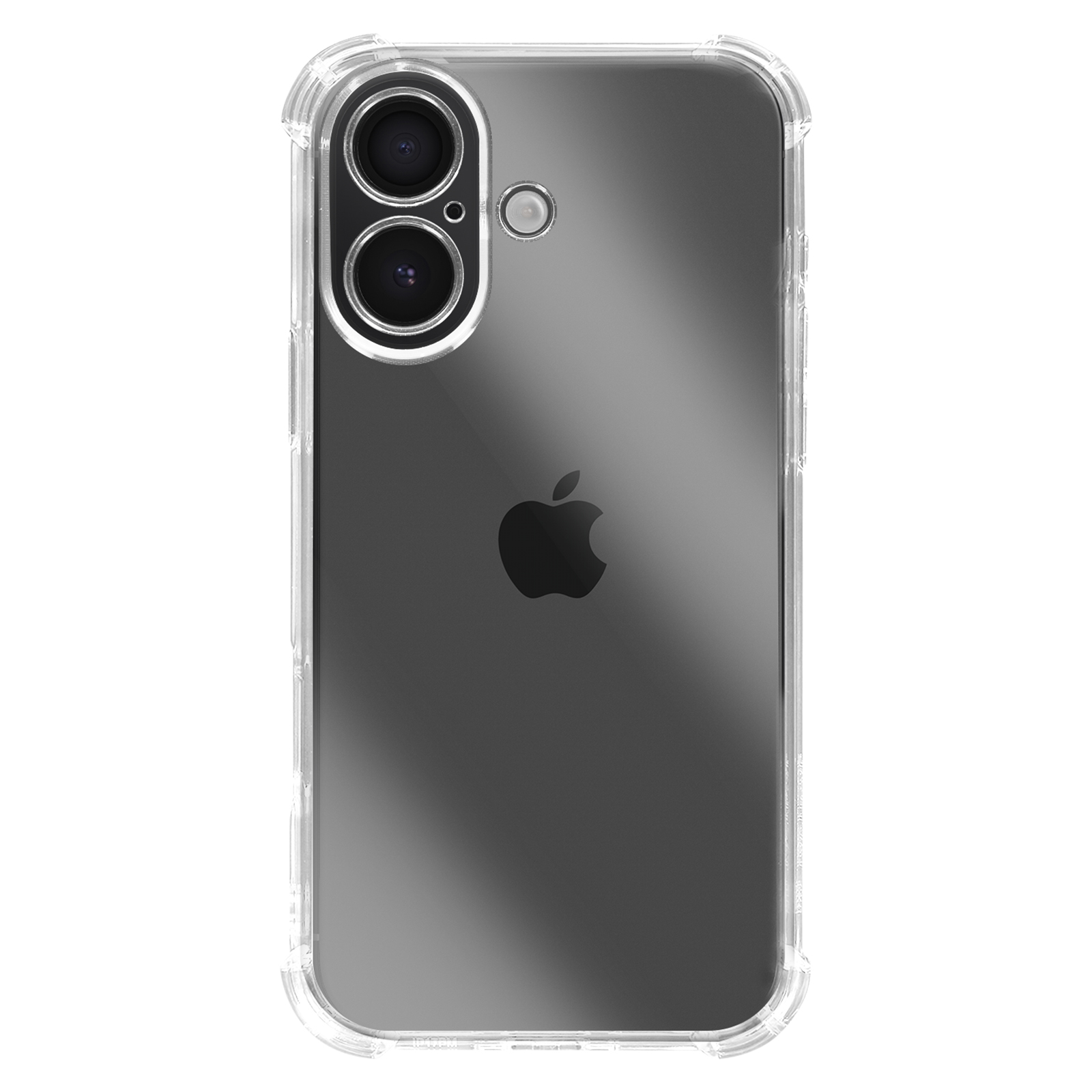 Een doorzichtige telefoonhoes bedekt een zwarte smartphone. De hoes heeft een camera-uitsparing. Een Apple-logo is zichtbaar.