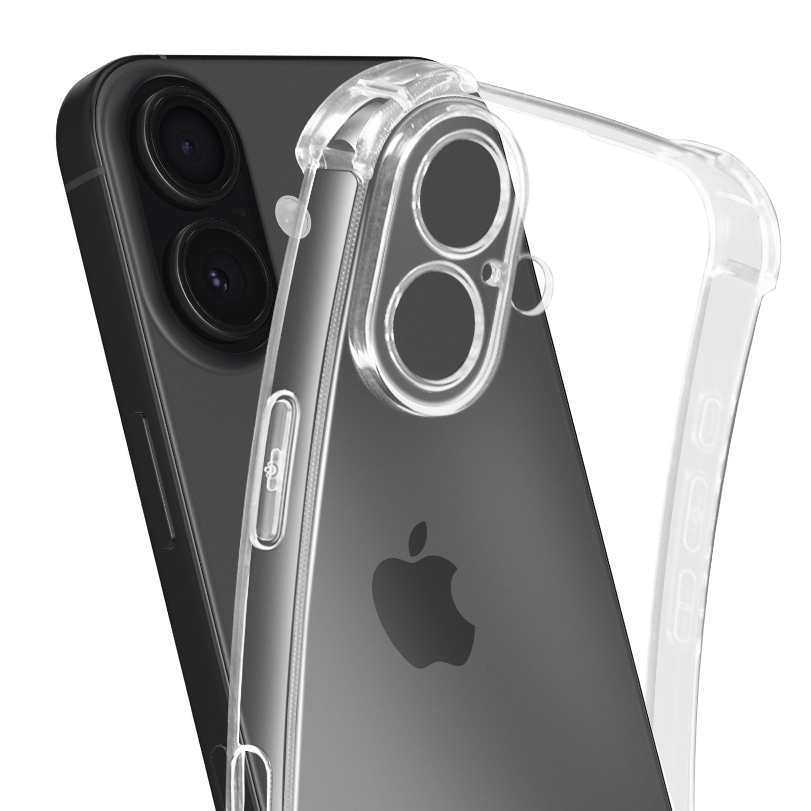 Close-up van een zwarte smartphone met een doorzichtige beschermhoes. De telefoon heeft een dubbele camera-opstelling en een Apple-logo.