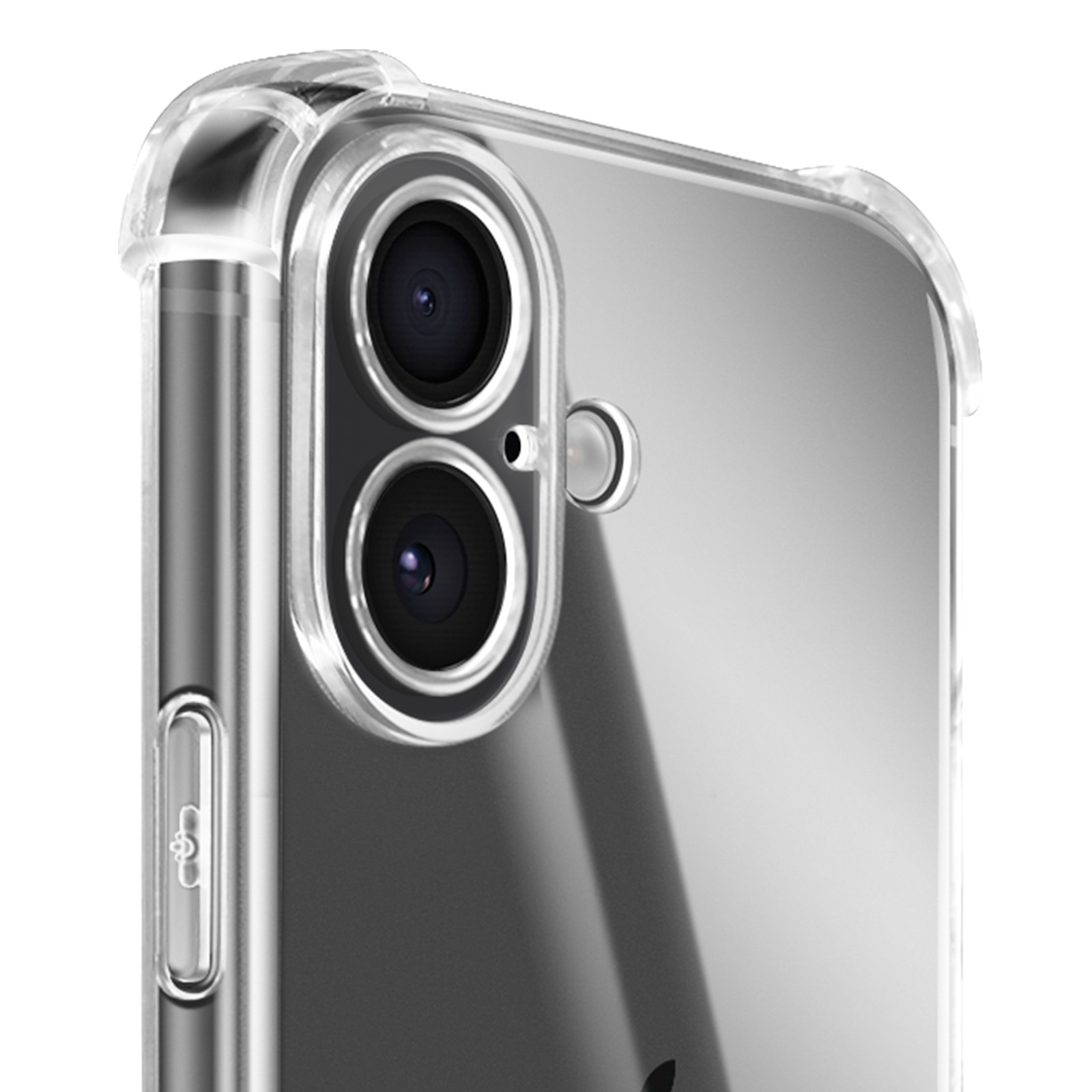 Close-up van de cameramodule van een telefoon en een transparante beschermhoes. Lenzen en randen zichtbaar.