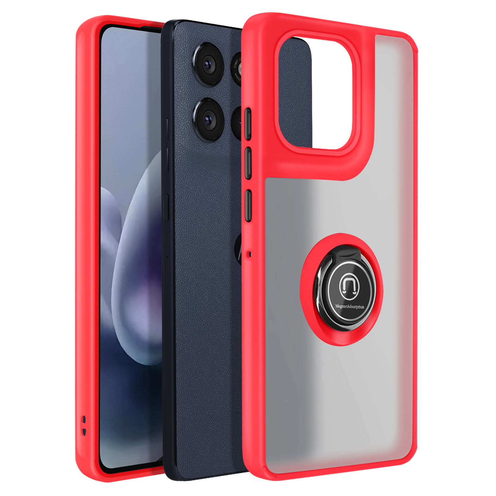 Drie telefoons met verschillende hoesjes. Eén is rood, één is donkerblauw en één heeft een transparante hoes met een ring.