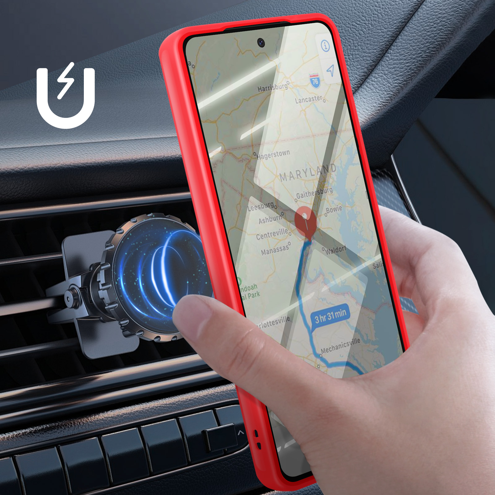 Een hand die een rode telefoon met een kaart vasthoudt, bevestigd aan een magnetische ventilatiehouder voor in de auto. De kaart toont Maryland.