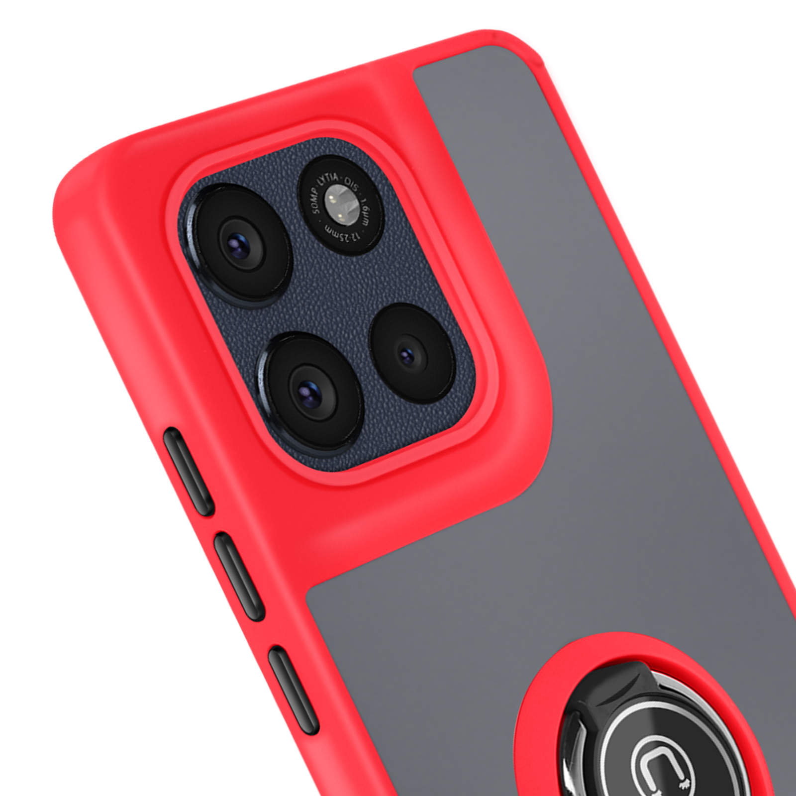 Rode telefoonhoes met een grijze achterkant en zwarte cameralenzen, en een magnetische ring. De hoes staat op een witte achtergrond.