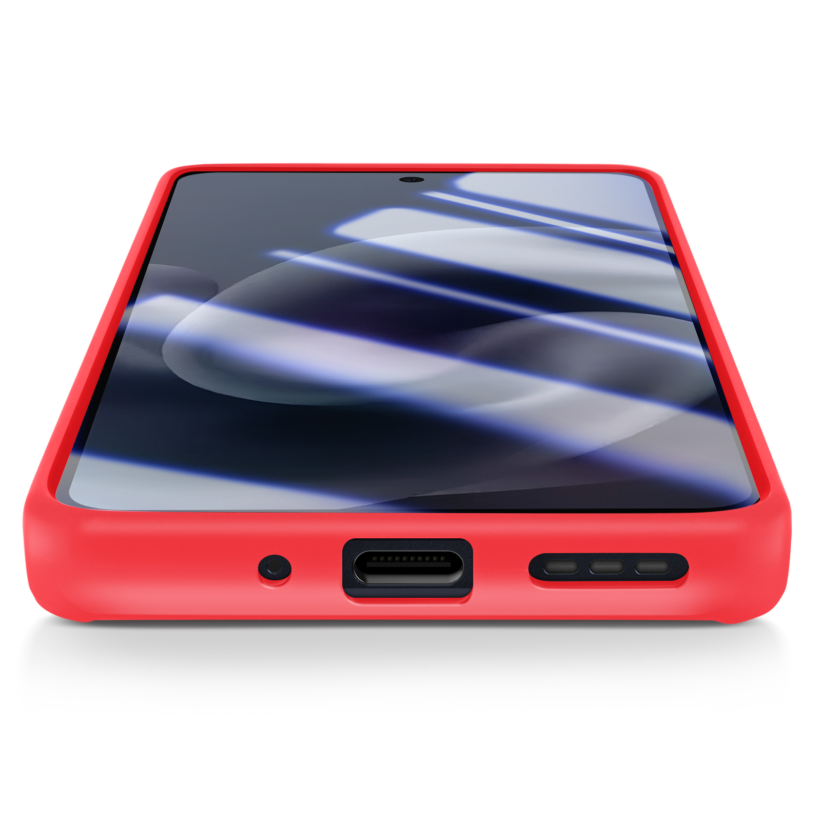 Een rode telefoon met een zwart scherm ligt op een wit oppervlak. De telefoonhoes is rood.
