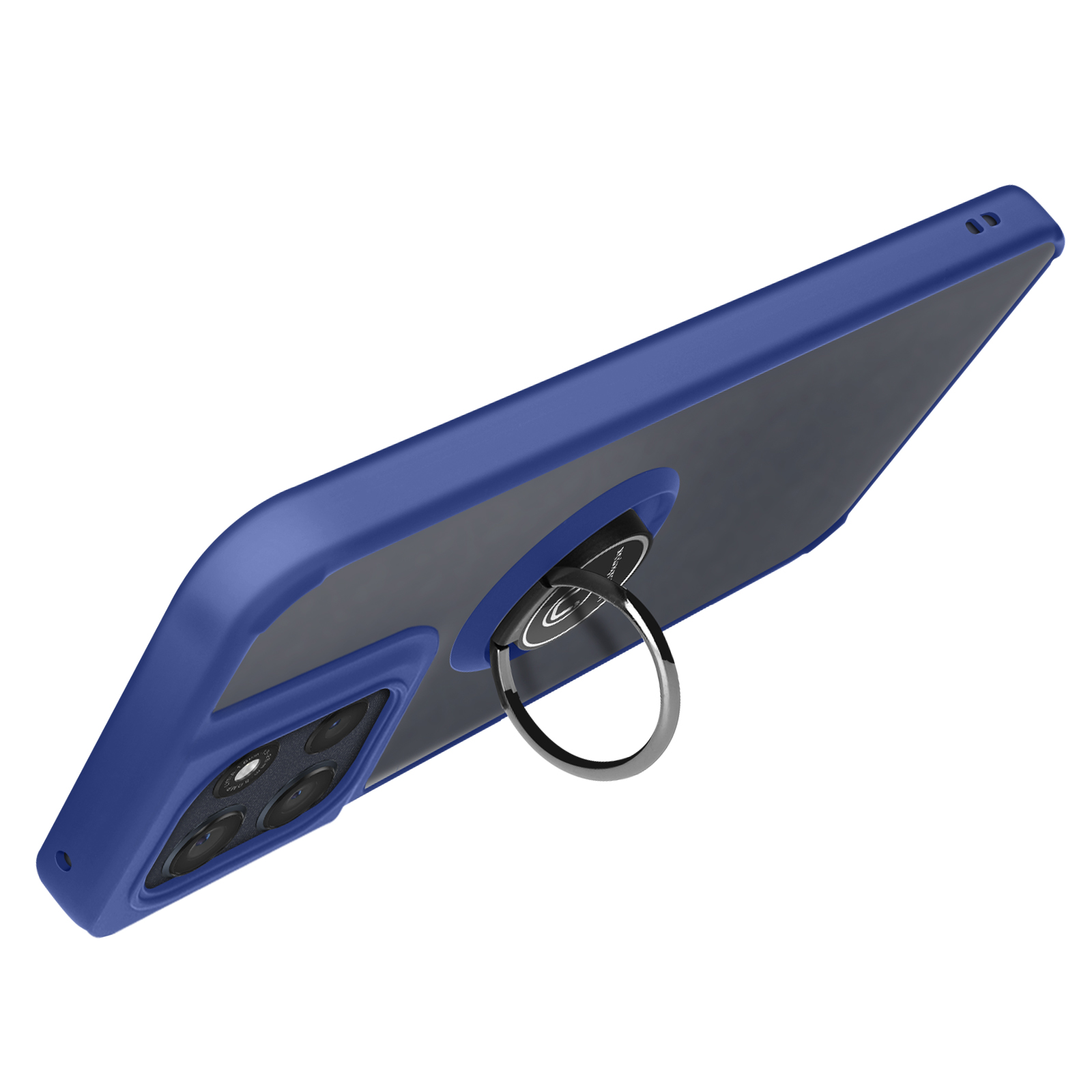 Une coque de téléphone bleue avec un support de bague. La coque a une découpe pour l'appareil photo et est sur fond blanc.