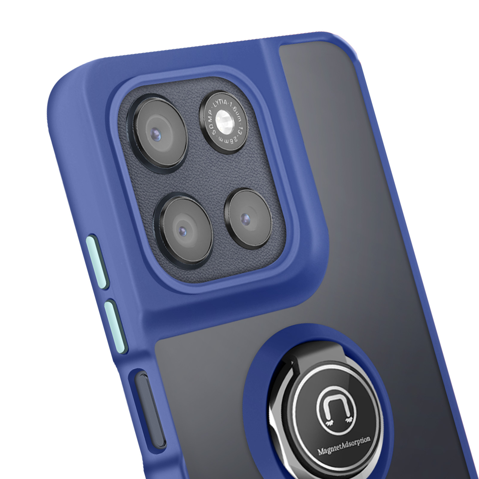 Coque de téléphone bleue avec plusieurs lentilles et un support d'anneau magnétique.