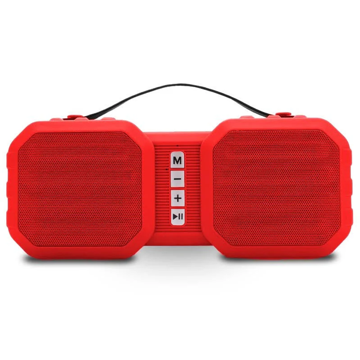 Un altavoz rectangular rojo con dos grandes rejillas y un asa. Tiene botones de control en el centro.