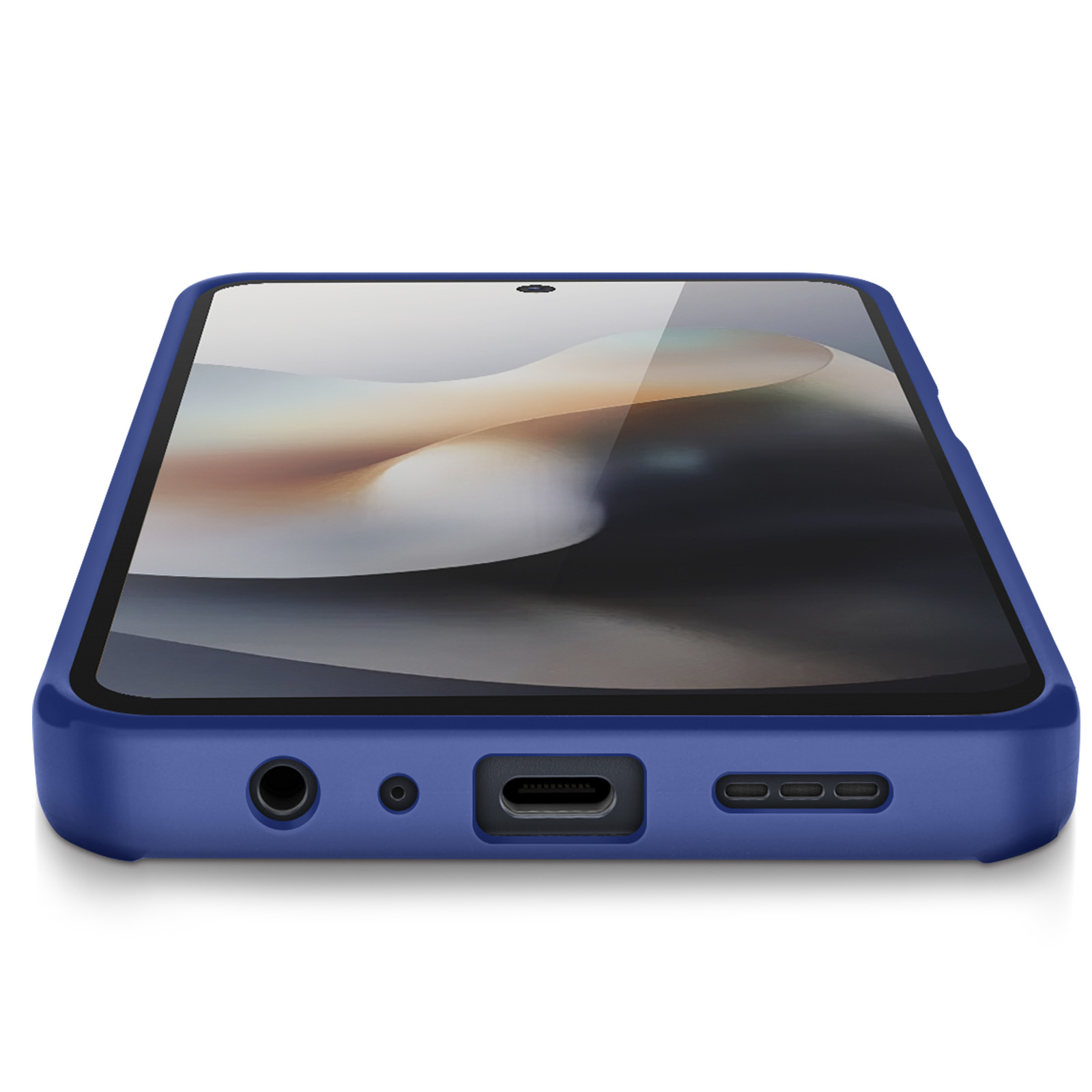 Une coque de téléphone bleue avec un téléphone à l'intérieur. Le téléphone a un écran affichant un fond clair.