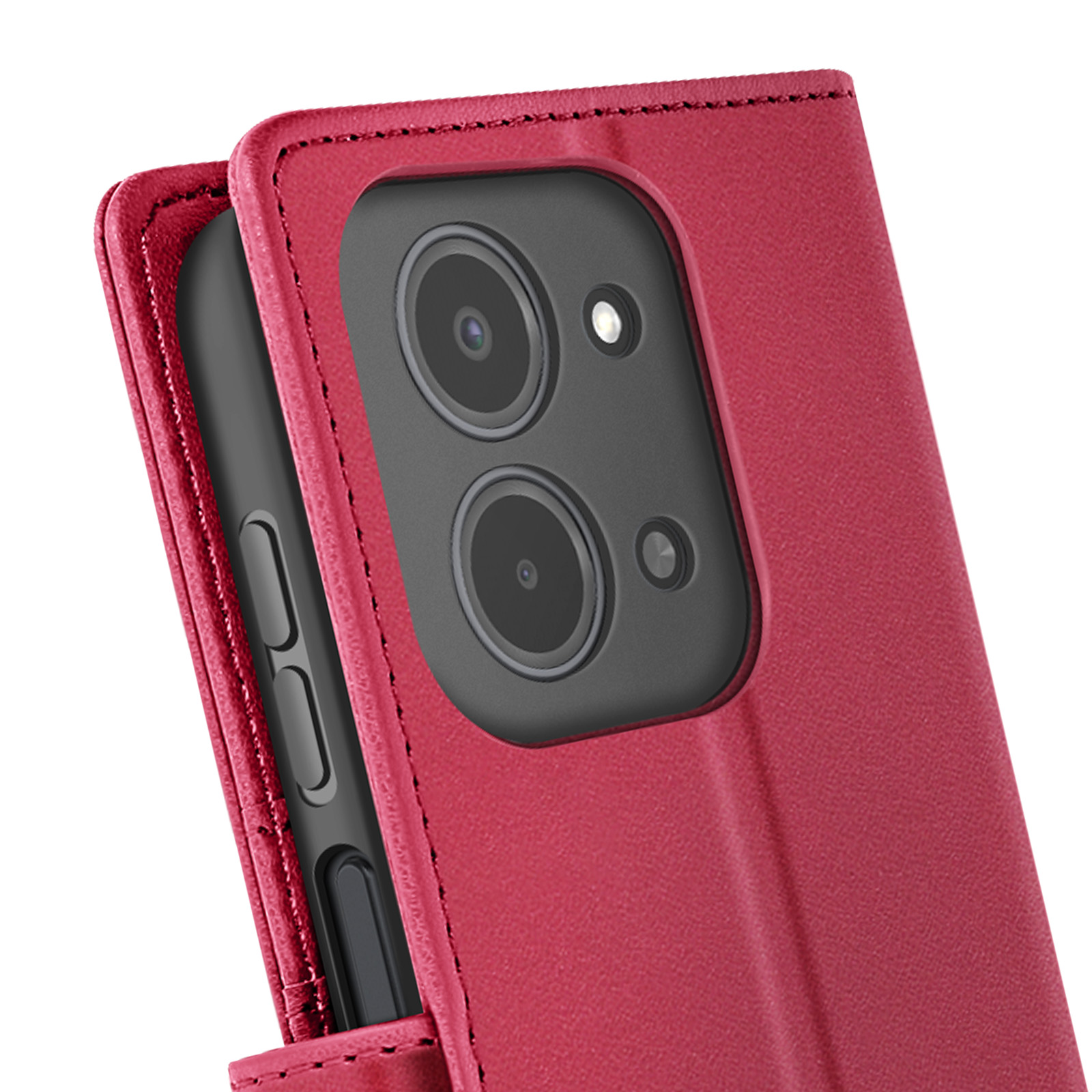 Close-up van een telefoon in een rode hoes met zichtbare cameralenzen. De hoes is leerachtig met stiksels.