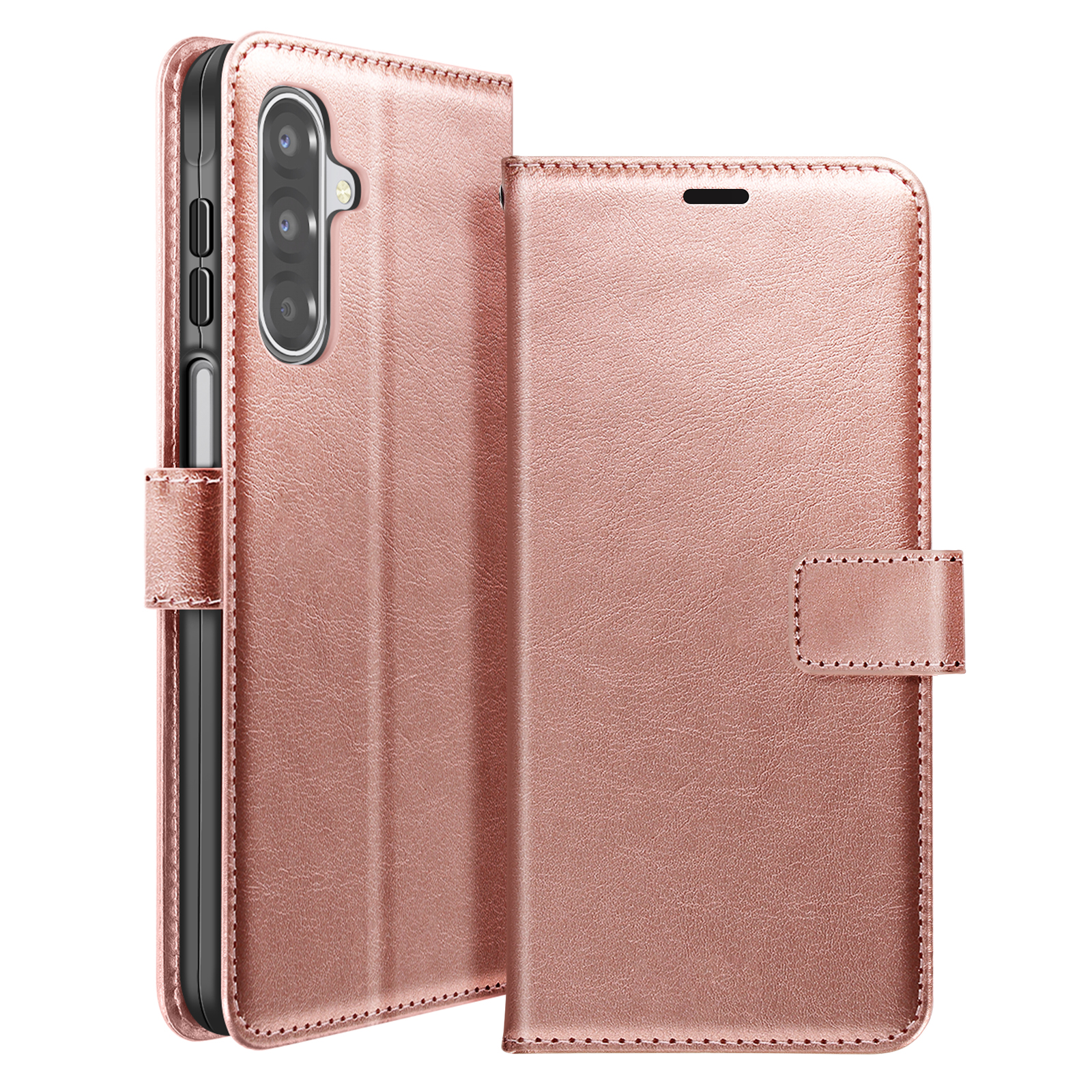 Custodia per telefono color oro rosa, aperta. Mostra il telefono all'interno e la cover con chiusura. Sfondo bianco.