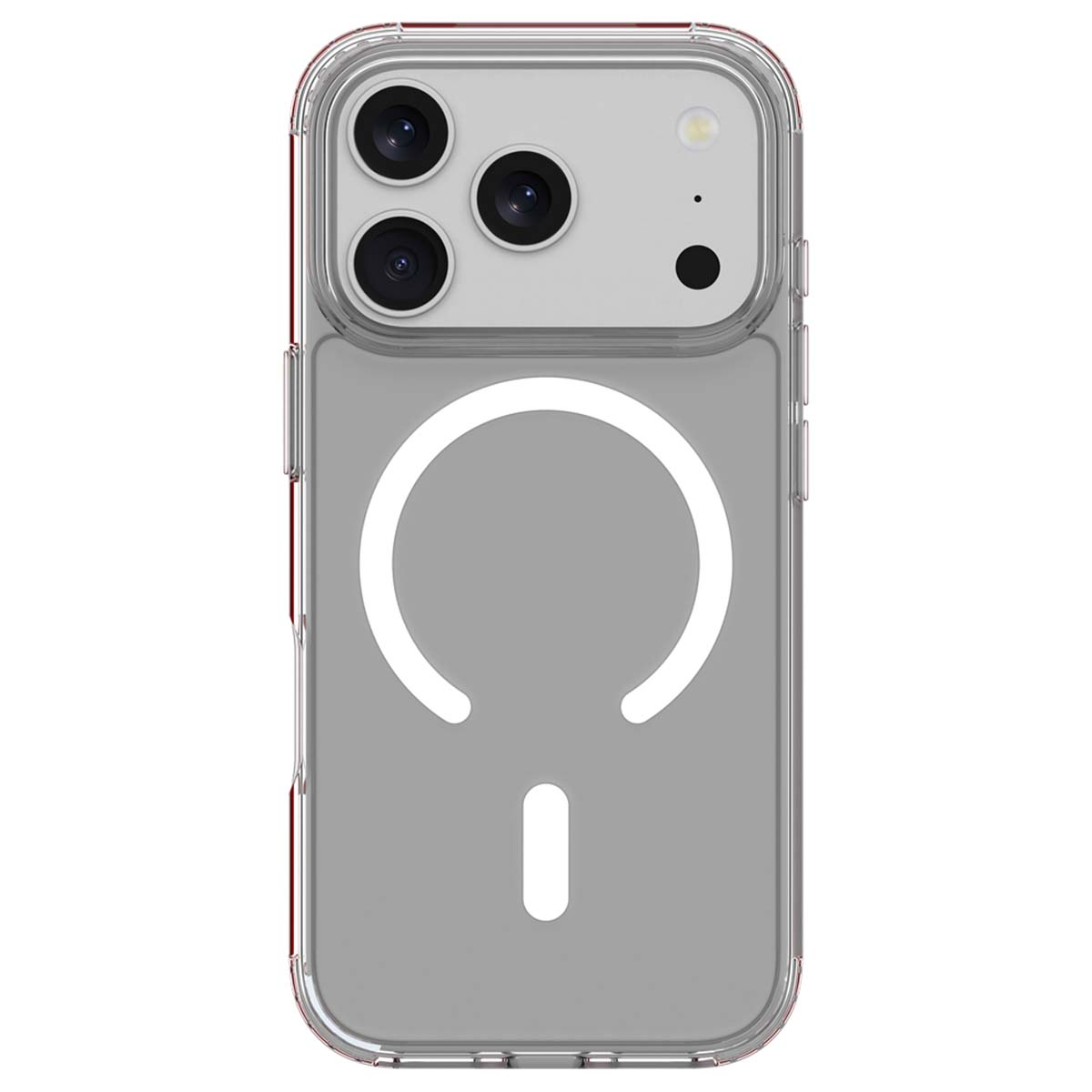 Custodia trasparente per telefono. Ha un bordo rosso, un cerchio magnetico bianco e un segno meno. Le lenti della fotocamera del telefono sono visibili.
