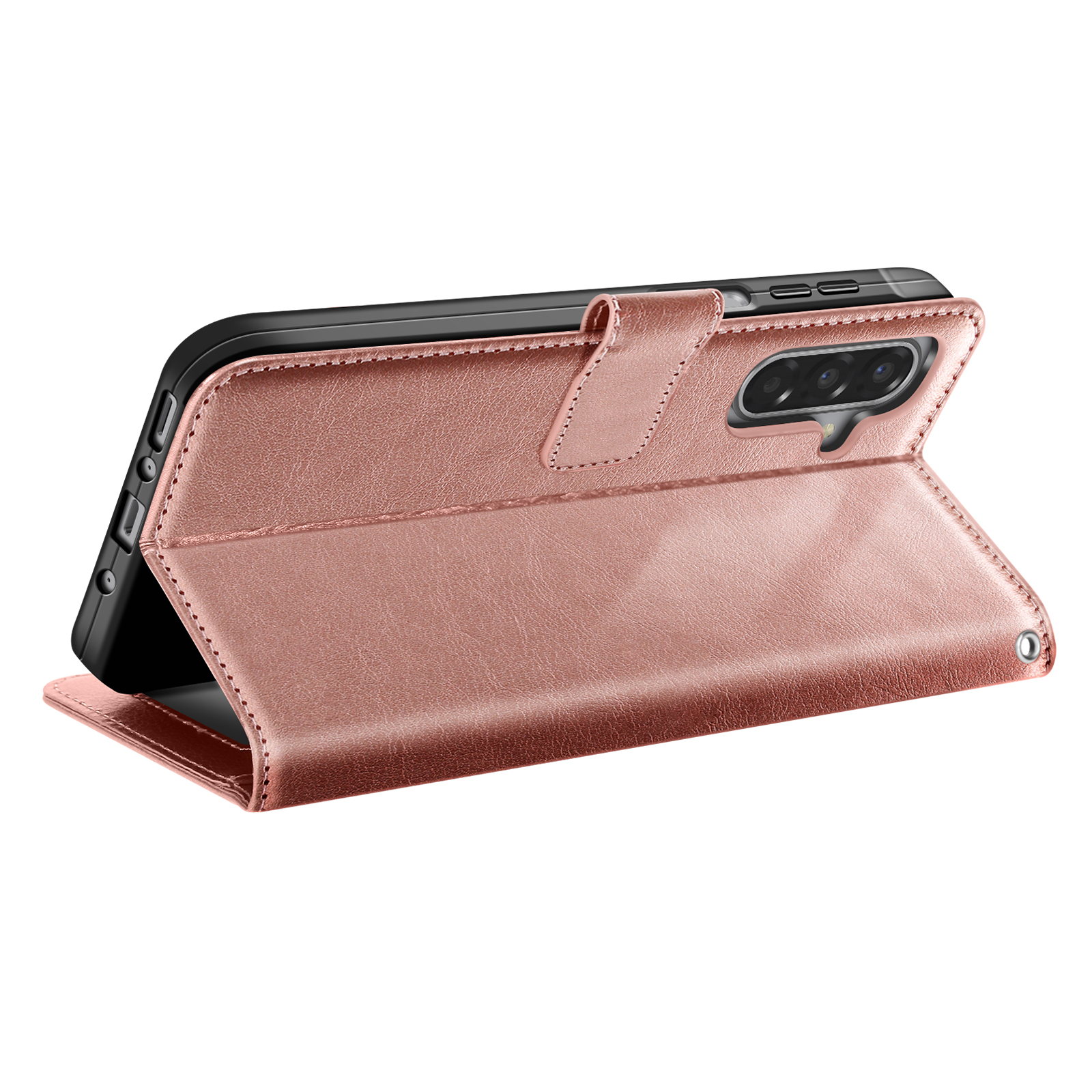 Una custodia per telefono oro rosa, aperta, che mostra un telefono nero. La custodia è in similpelle con cuciture e chiusura magnetica.