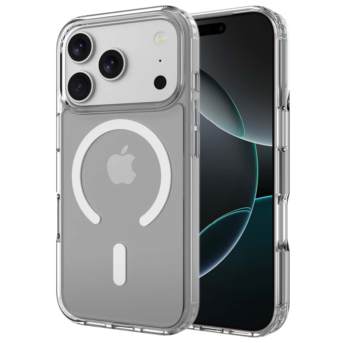 Una custodia trasparente per telefono, che mostra il retro di un iPhone con la sua fotocamera e il logo Apple. La custodia è trasparente e protettiva.