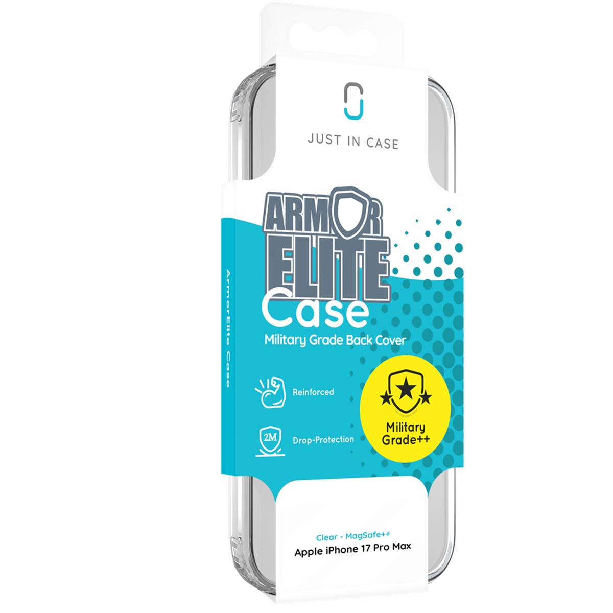 Una confezione di custodia per telefono con la scritta 'Armor Elite Case' e 'Military Grade Back Cover'. È per un Apple iPhone 17 Pro Max.