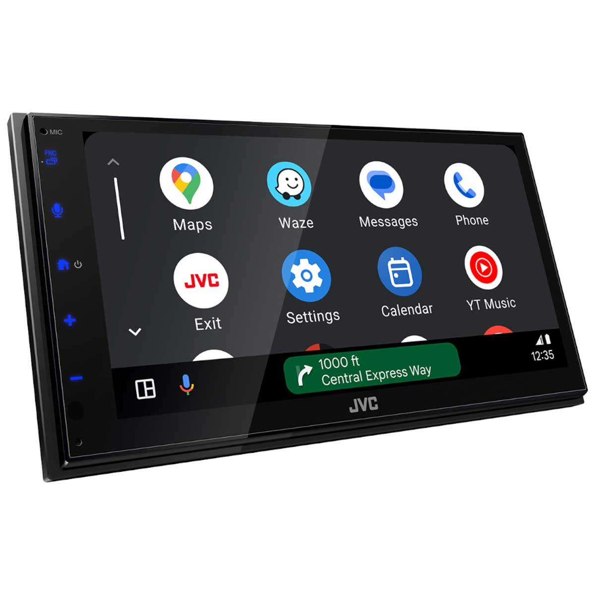 Ein Autoradio-Bildschirm zeigt App-Symbole an: Maps, Waze, Nachrichten, Telefon, Einstellungen, Kalender, YT Music. Eine Navigationsleiste mit 1000 Fuß zur Central Express Way.