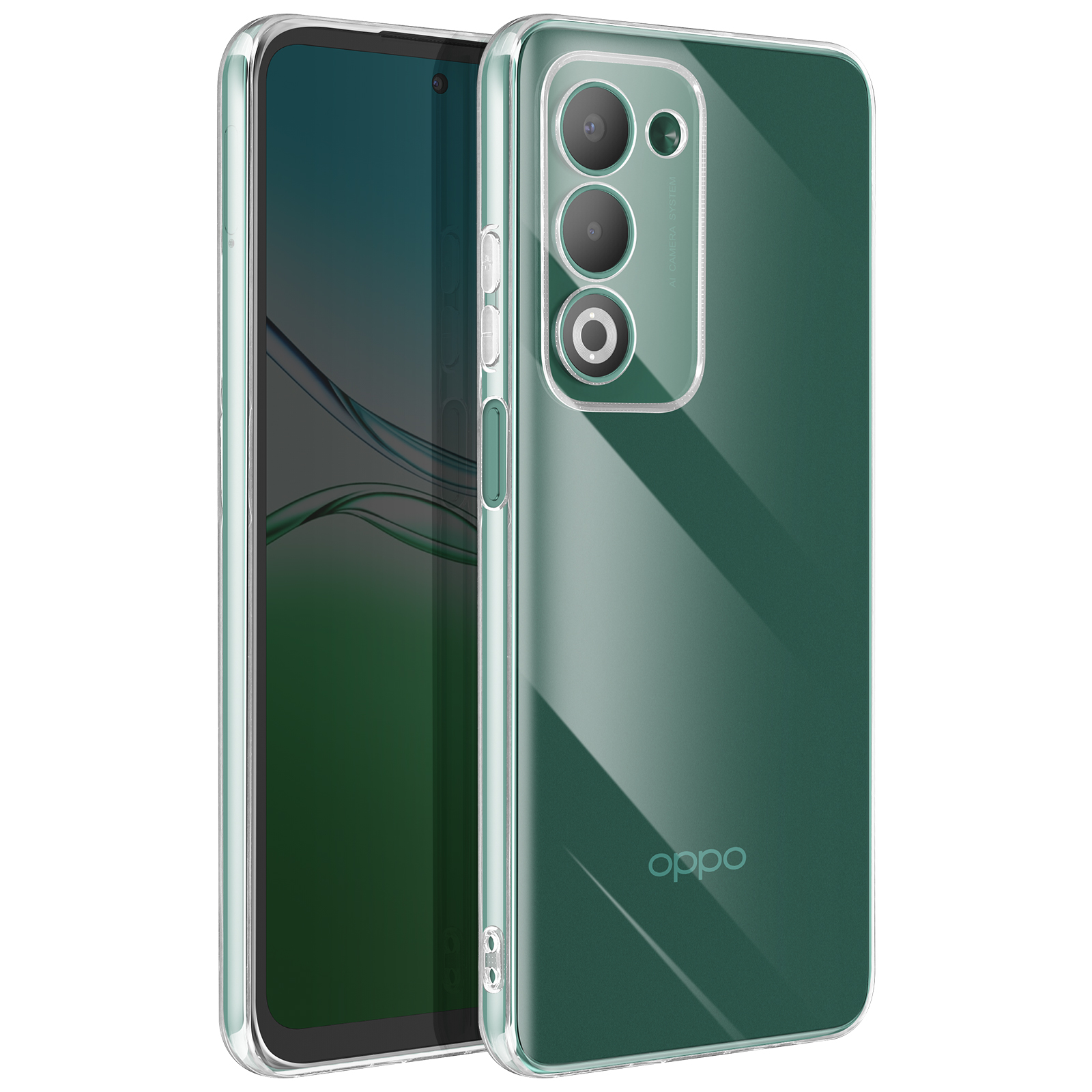 Una custodia verde per telefono con un telefono all'interno. La custodia ha un modulo fotocamera e il logo Oppo.