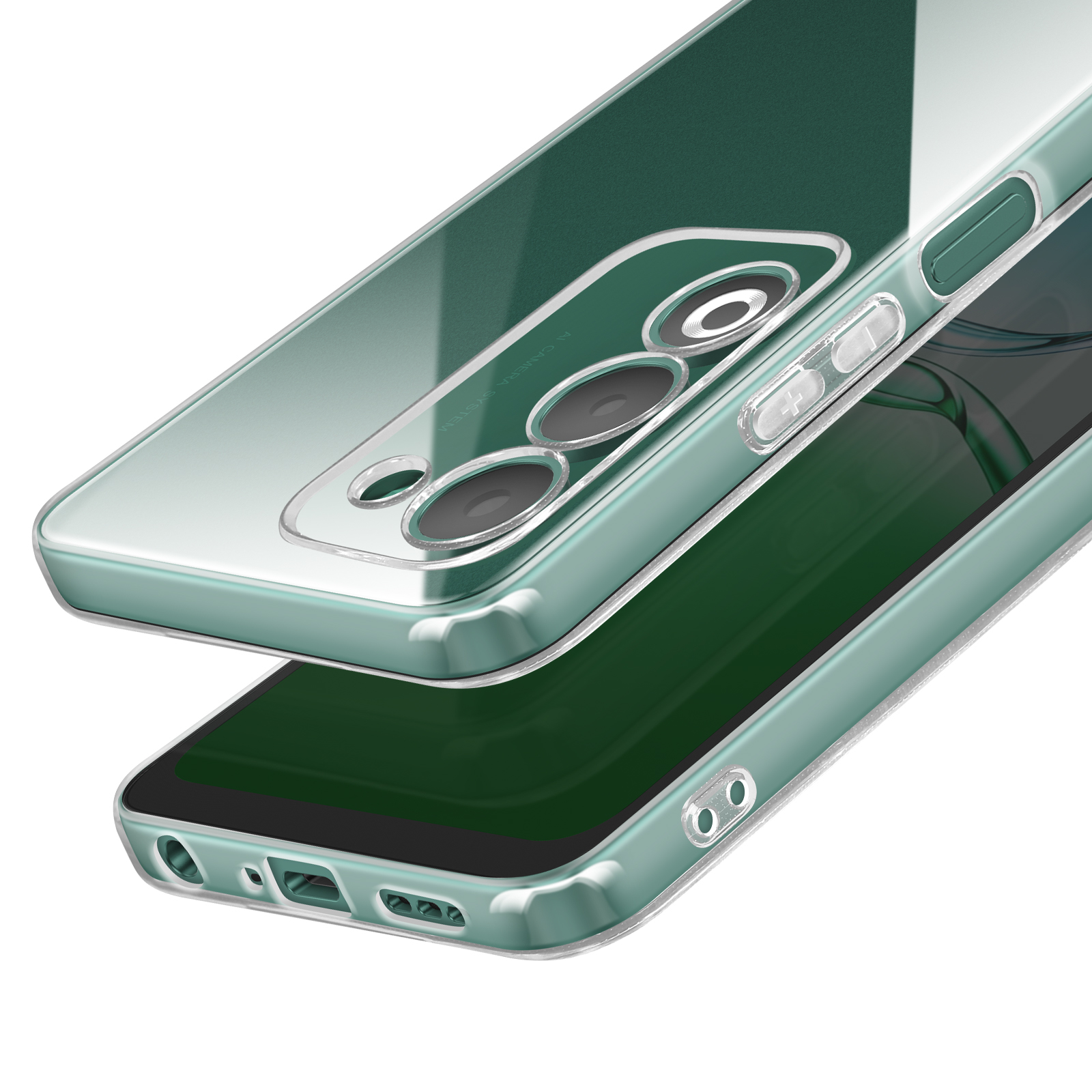 Una custodia trasparente e verde per telefono angolata, che mostra il sistema della fotocamera e i pulsanti. Lo sfondo è bianco.
