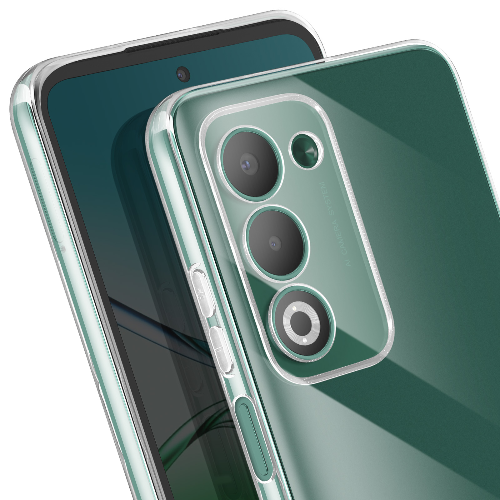 Un telefono in una custodia trasparente. Il telefono ha un retro verde e più lenti della fotocamera. Lo schermo è nero.