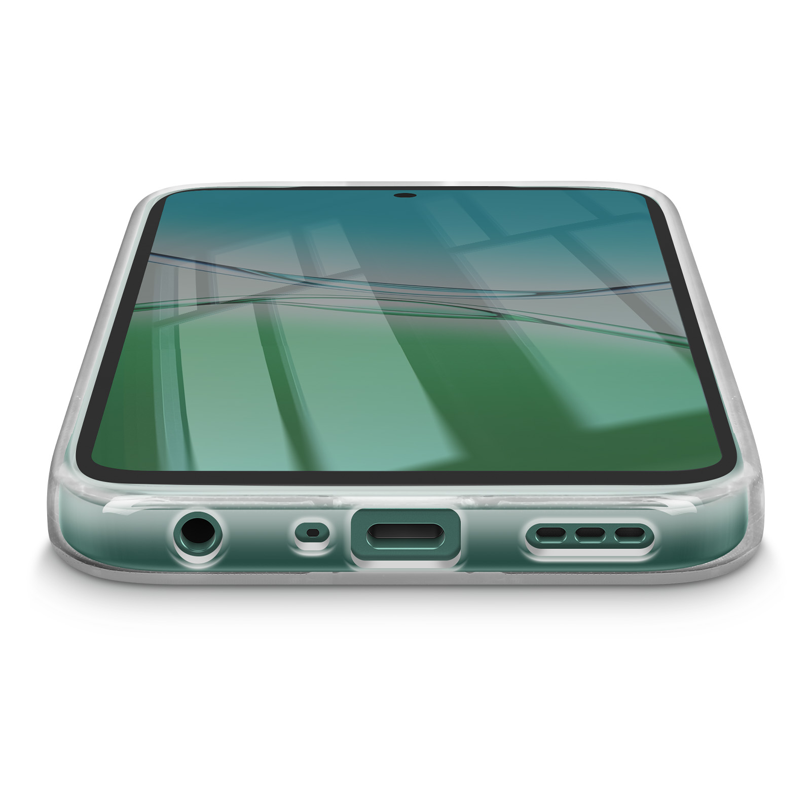Uno smartphone in una custodia trasparente. Lo schermo mostra una sfumatura verde. Il telefono è su una superficie bianca.