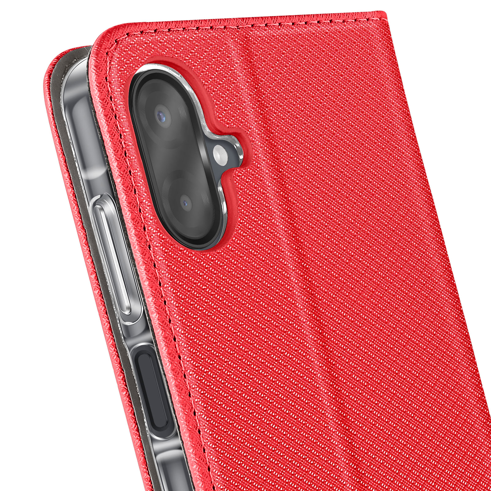 Primo piano di una custodia rossa per telefono con obiettivo della fotocamera. La custodia ha una superficie strutturata e cucita.