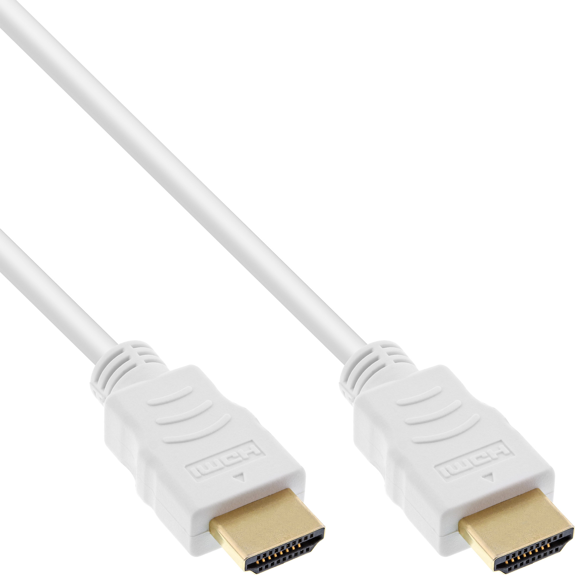 Zwei weiße HDMI-Kabel mit goldenen Steckern. Der Hintergrund ist weiß.