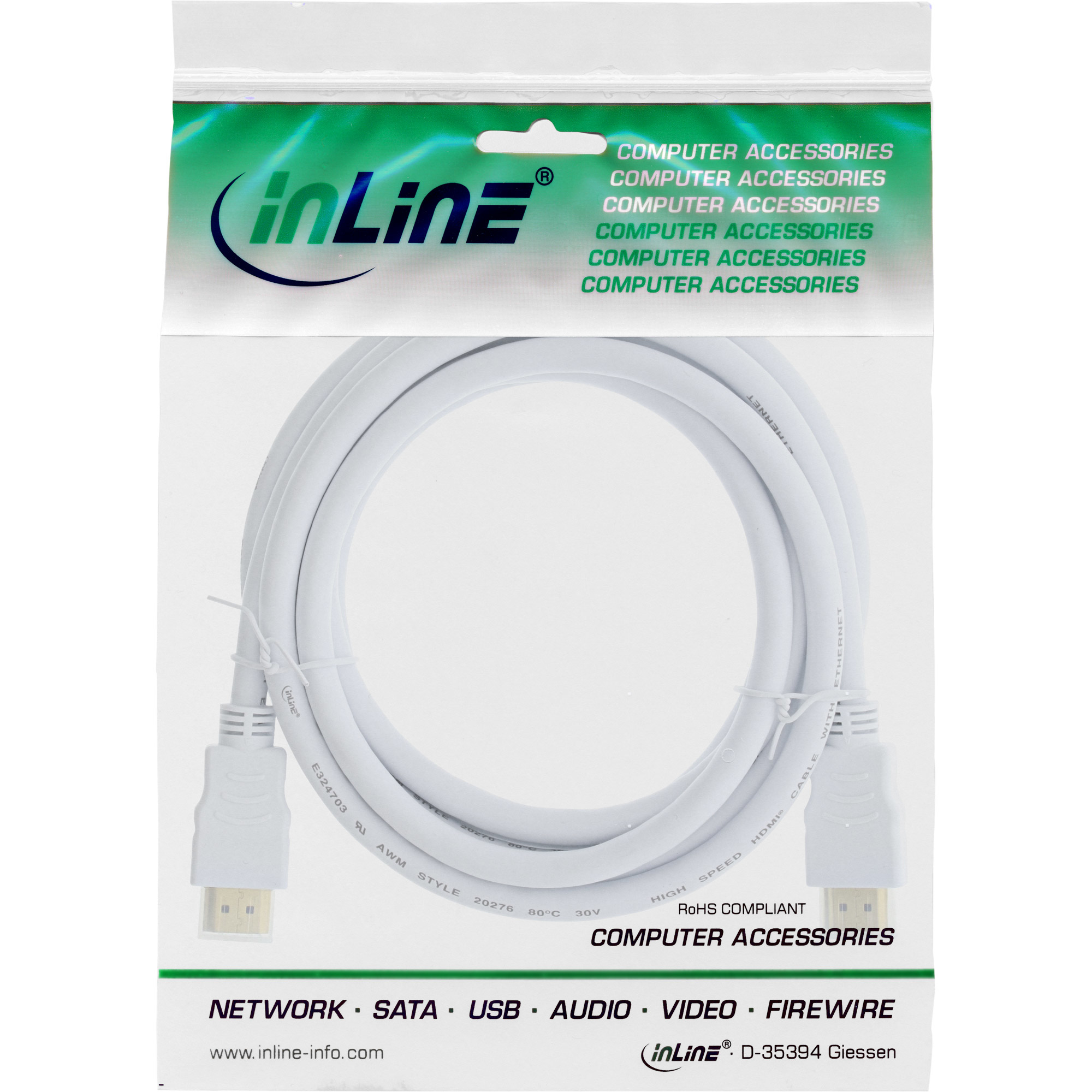 Ein weißes HDMI-Kabel in einer Plastikverpackung. Die Verpackung hat den Markennamen 'inLine' und den Text 'Computer Zubehör'.