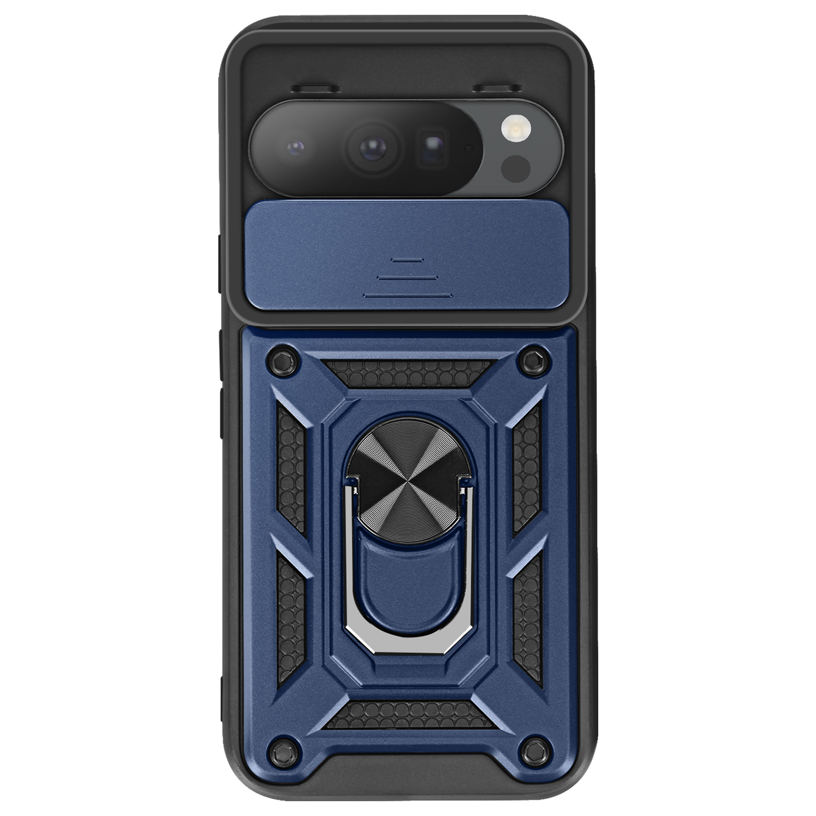 Une coque de téléphone avec un couvercle coulissant bleu et un support d'anneau. Il a un cadre noir et une découpe pour l'appareil photo.