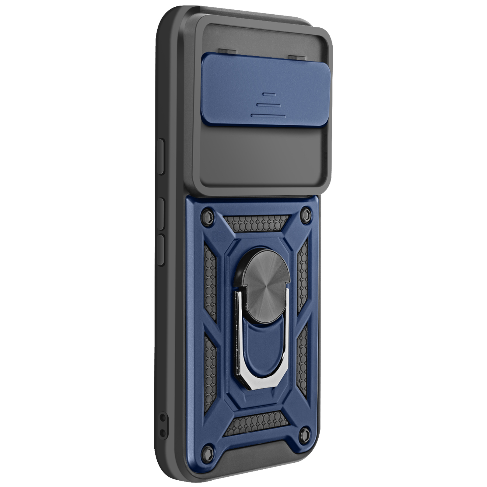 Une coque de téléphone avec un couvercle coulissant bleu et un support d'anneau. Elle a un cadre noir et une base bleue avec un design texturé.
