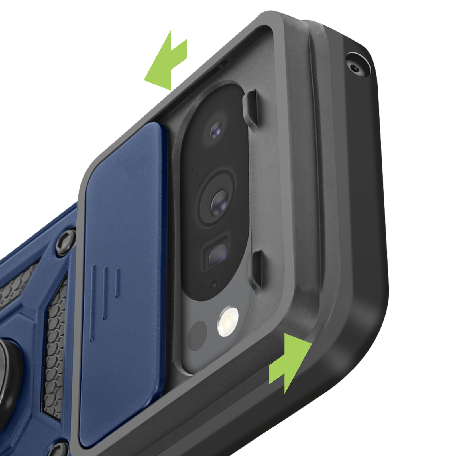 Gros plan d'un étui de téléphone avec découpe pour appareil photo. Un cache bleu coulisse. Flèches vertes indiquent l'ouverture.