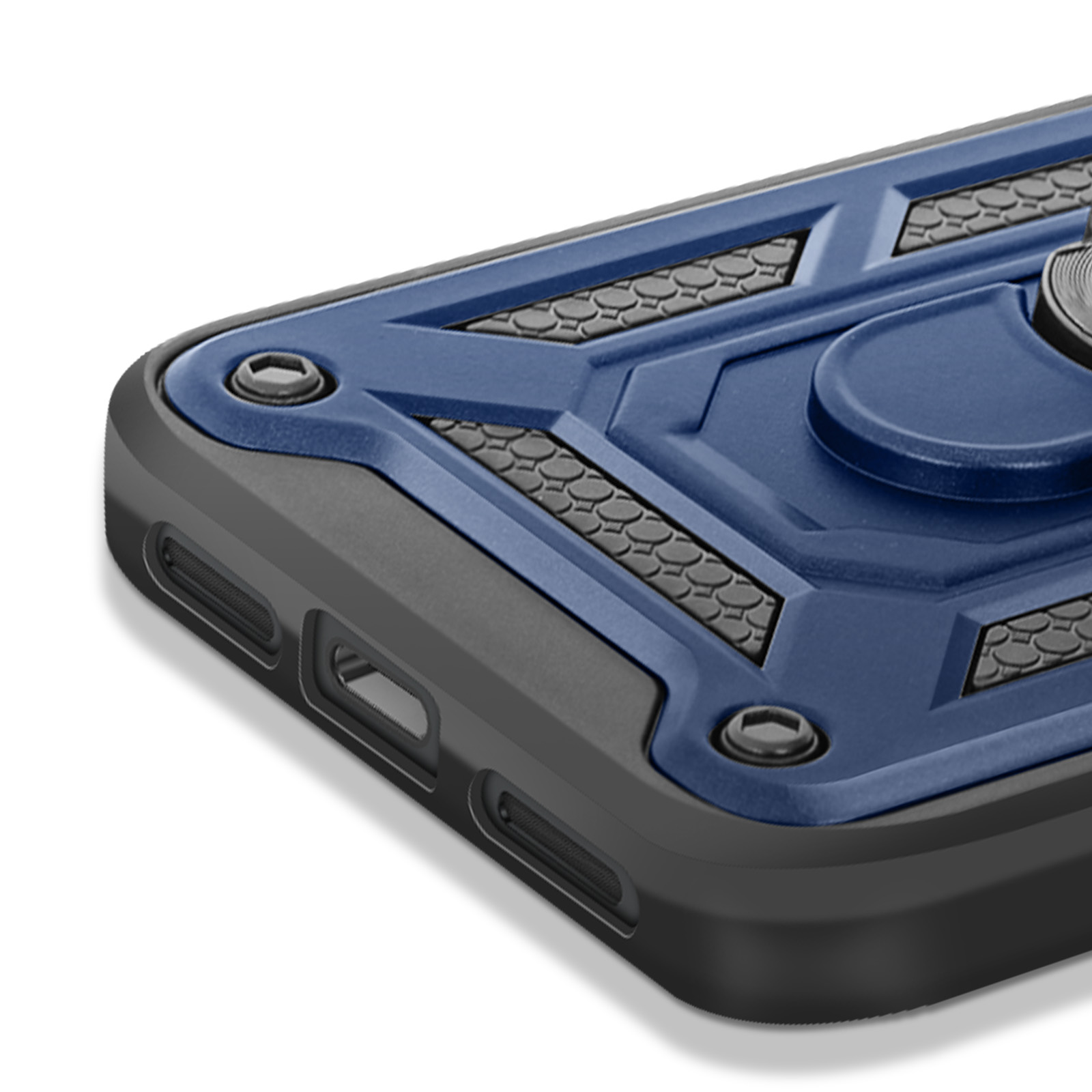 Gros plan d'une coque de téléphone bleue et noire avec un support annulaire. Détails hexagonaux.