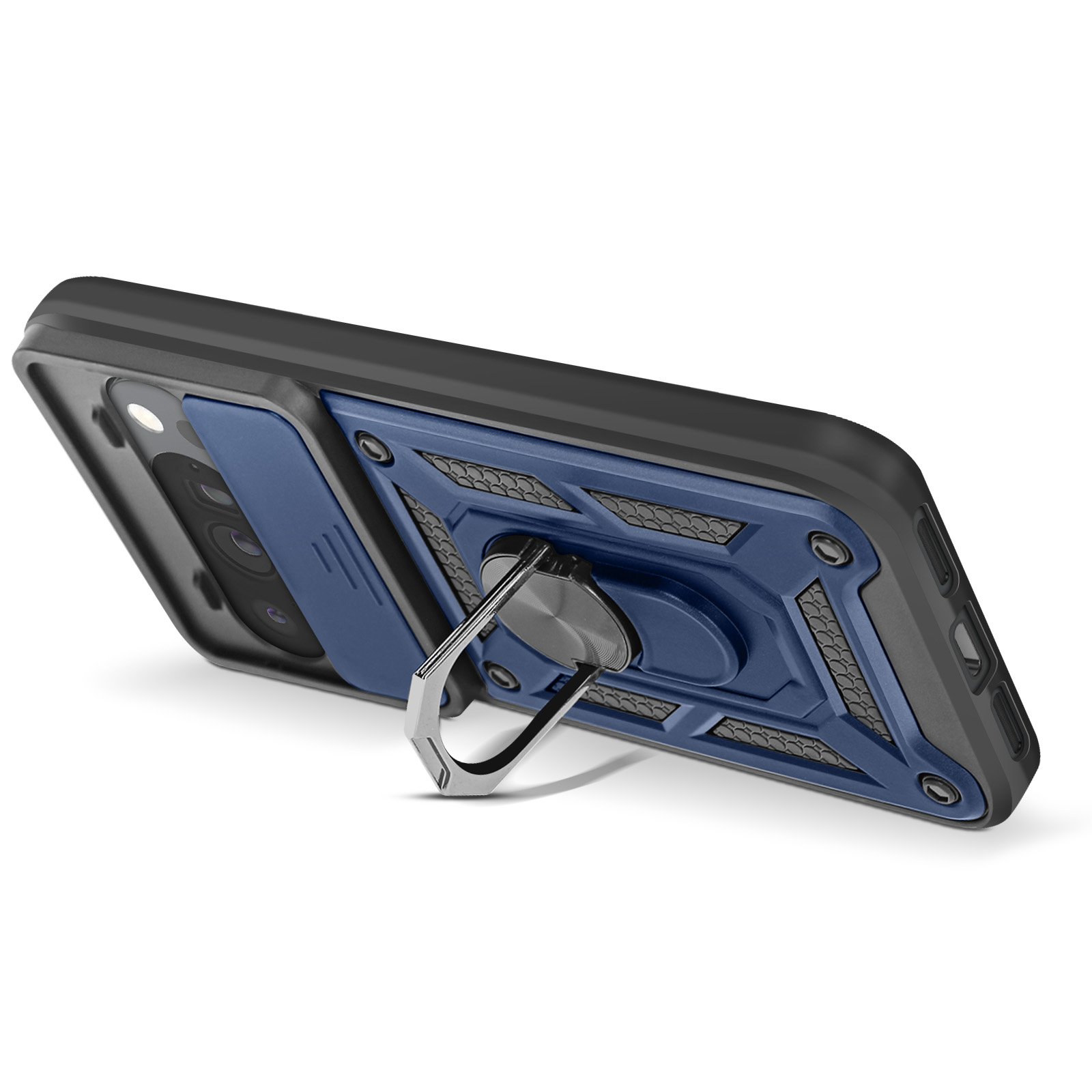 Un étui de téléphone avec un design bleu et noir, doté d'un support de bague. Il est incliné sur fond blanc.