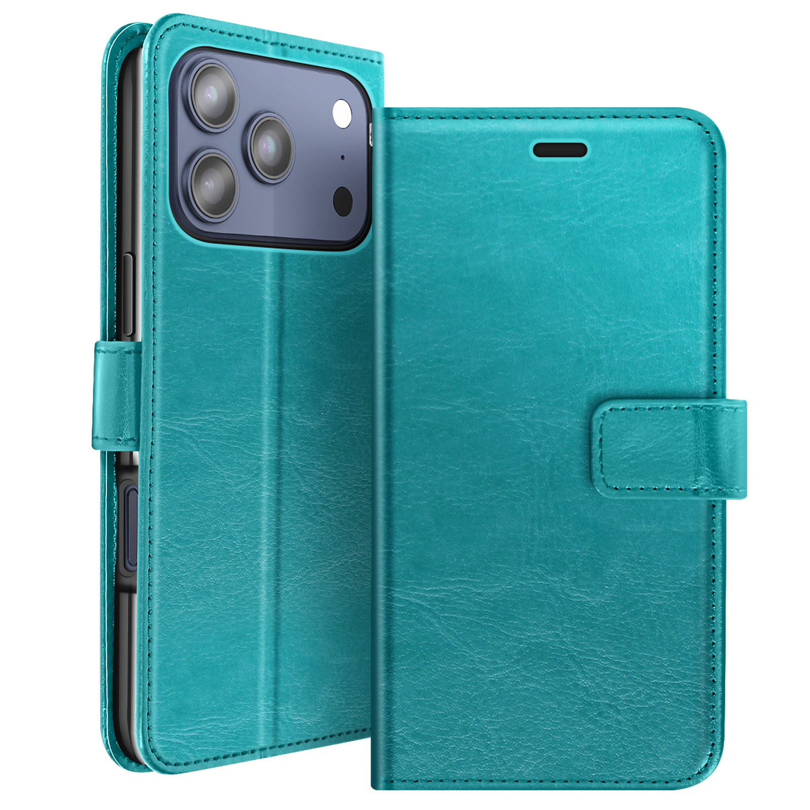Custodia per telefono verde acqua, aperta, che mostra il telefono con lenti della fotocamera. La custodia ha una chiusura magnetica.