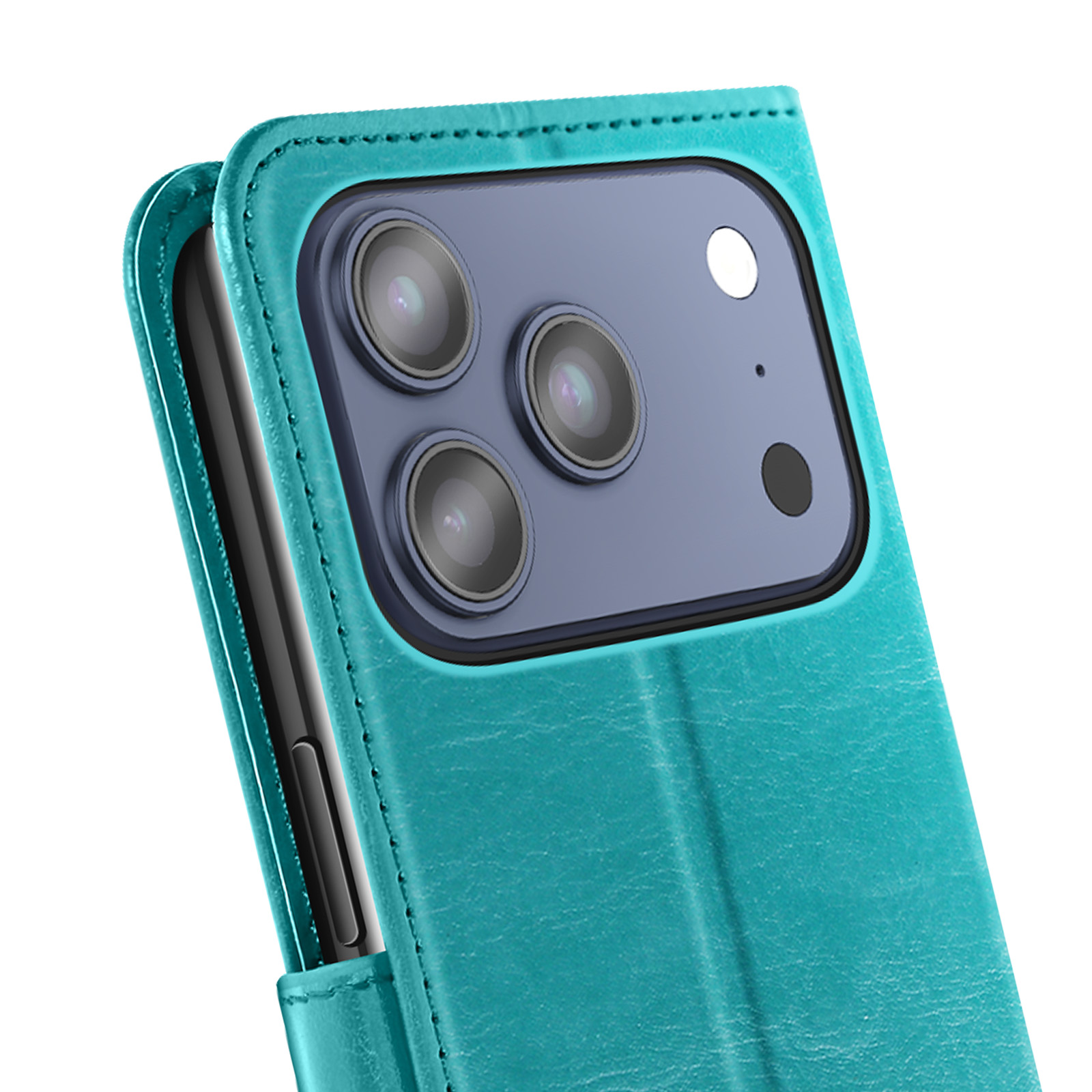 Primo piano di una custodia per telefono verde acqua con un telefono all'interno. Il telefono ha tre fotocamere e un flash.