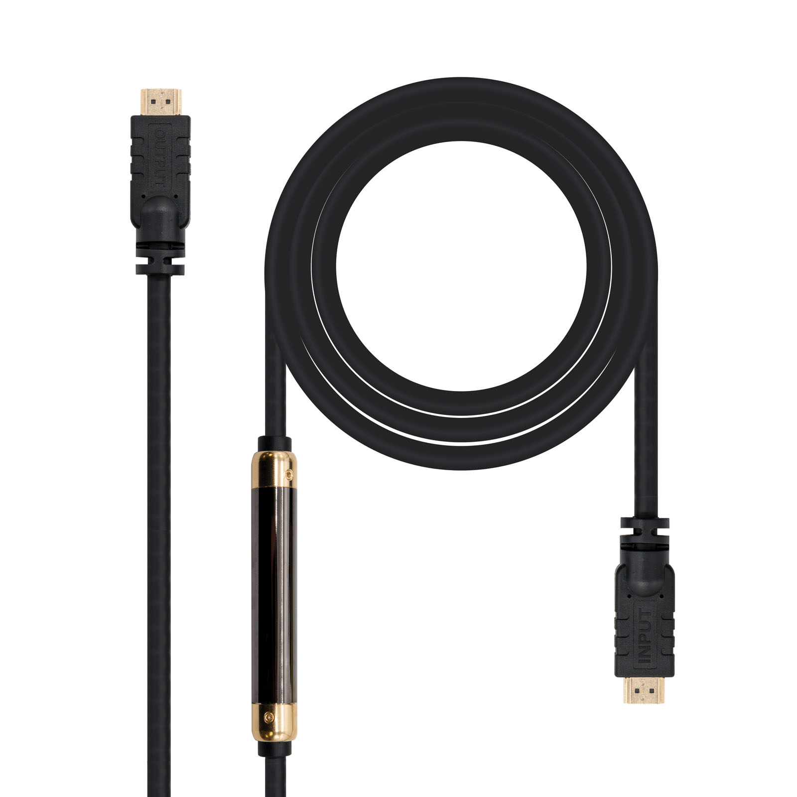 Cable HDMI negro sobre fondo blanco. Tiene un conector de salida y otro de entrada. El cable está en bucle.