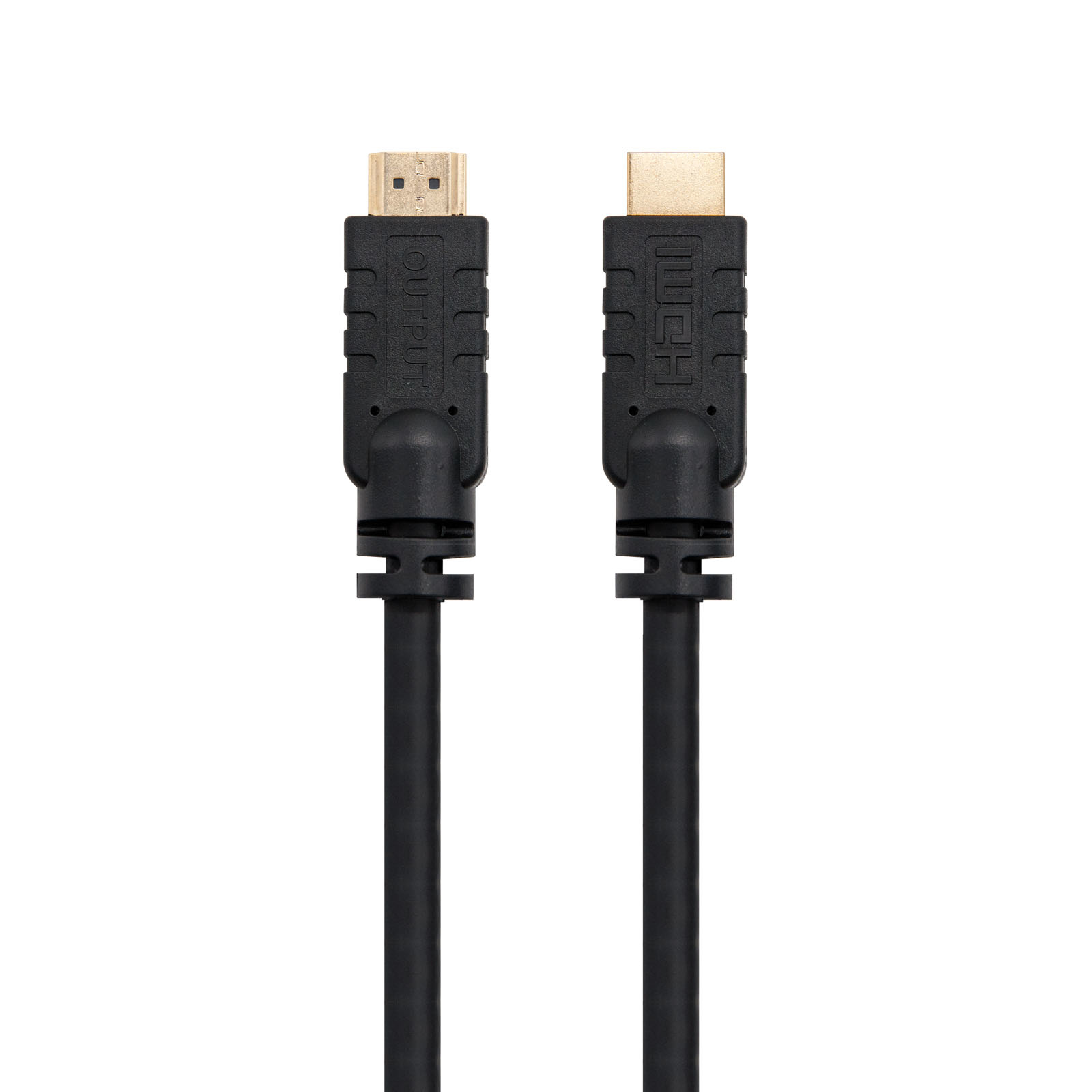 Dos cables HDMI negros con conectores dorados sobre fondo blanco. Uno etiquetado OUTPUT, el otro HDMI.