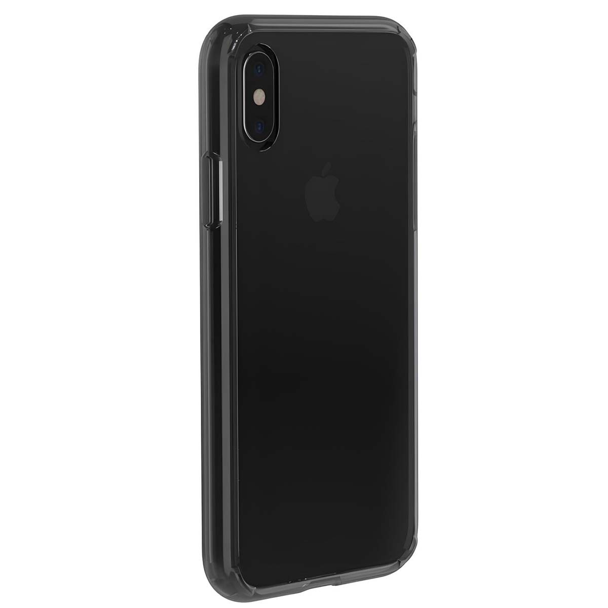 Ein schwarzes iPhone X in einer transparenten Hülle wird gezeigt. Das Telefon ist schräg positioniert und zeigt die Rückkamera und das Apple-Logo.