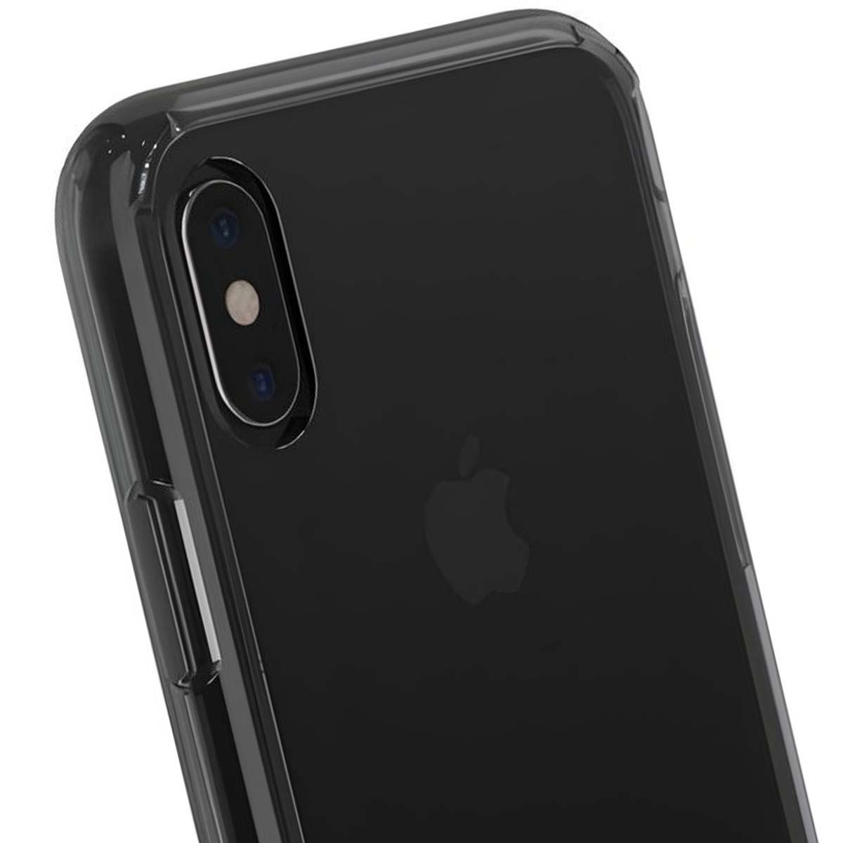 Nahaufnahme eines schwarzen iPhones mit einer durchsichtigen Hülle. Die Kameralinsen und das Apple-Logo sind sichtbar.
