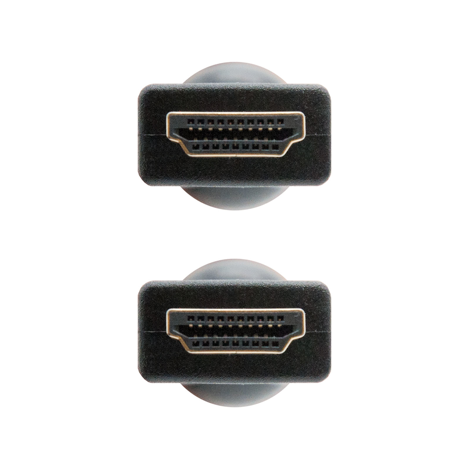 Dos conectores HDMI negros sobre fondo blanco. Cada uno tiene un interior plateado y una forma redondeada.