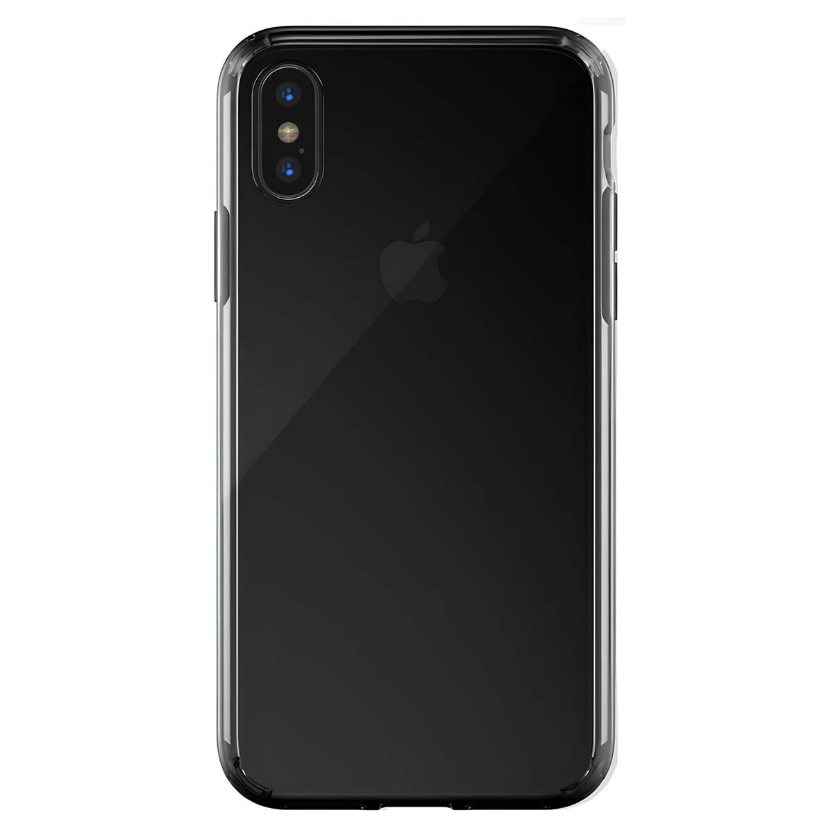 Ein schwarzes Smartphone mit einer transparenten Hülle. Das Telefon hat eine Dual-Kamera und ein Apple-Logo.