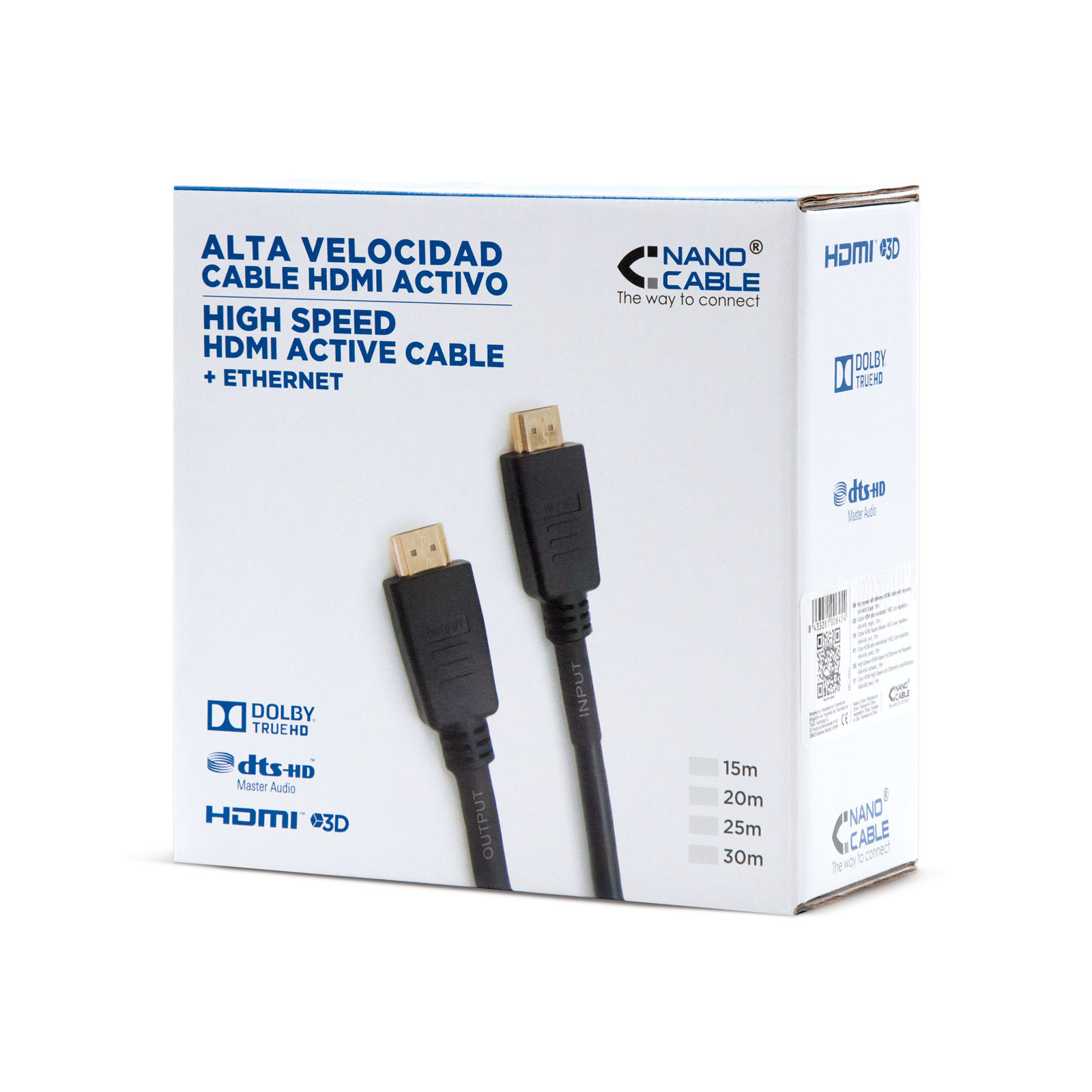 Se muestra una caja con un cable HDMI negro. La caja tiene texto en español e inglés. La marca es Nano Cable.
