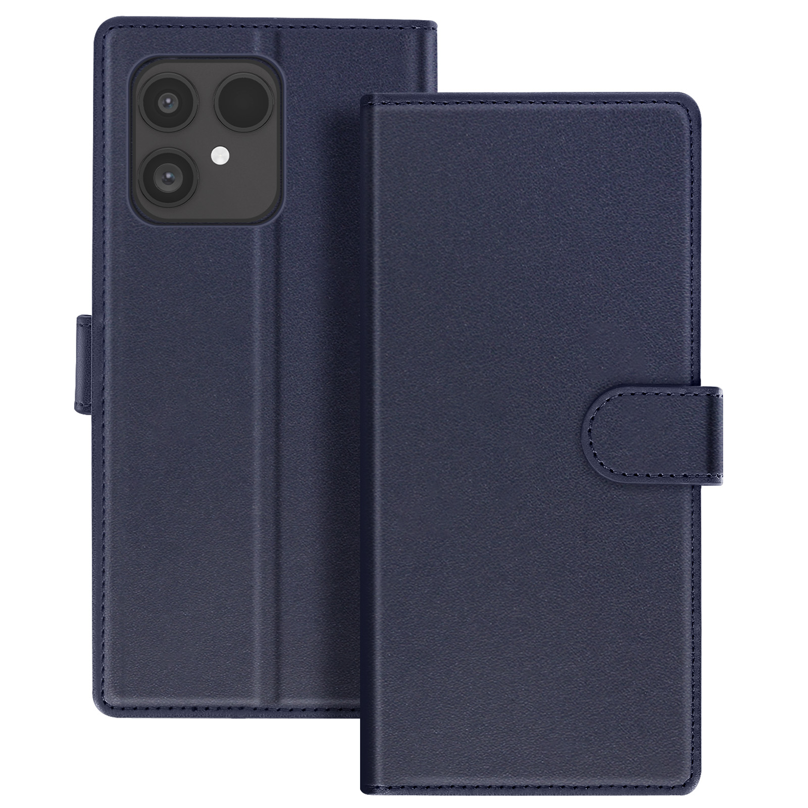 Una custodia blu navy è aperta, mostrando la fotocamera del telefono. La custodia è in pelle strutturata.