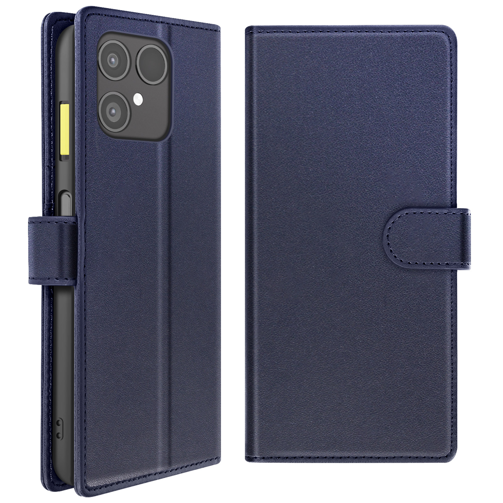 Una custodia per telefono blu scuro aperta, che mostra il telefono e l'interno. La custodia ha una chiusura magnetica.