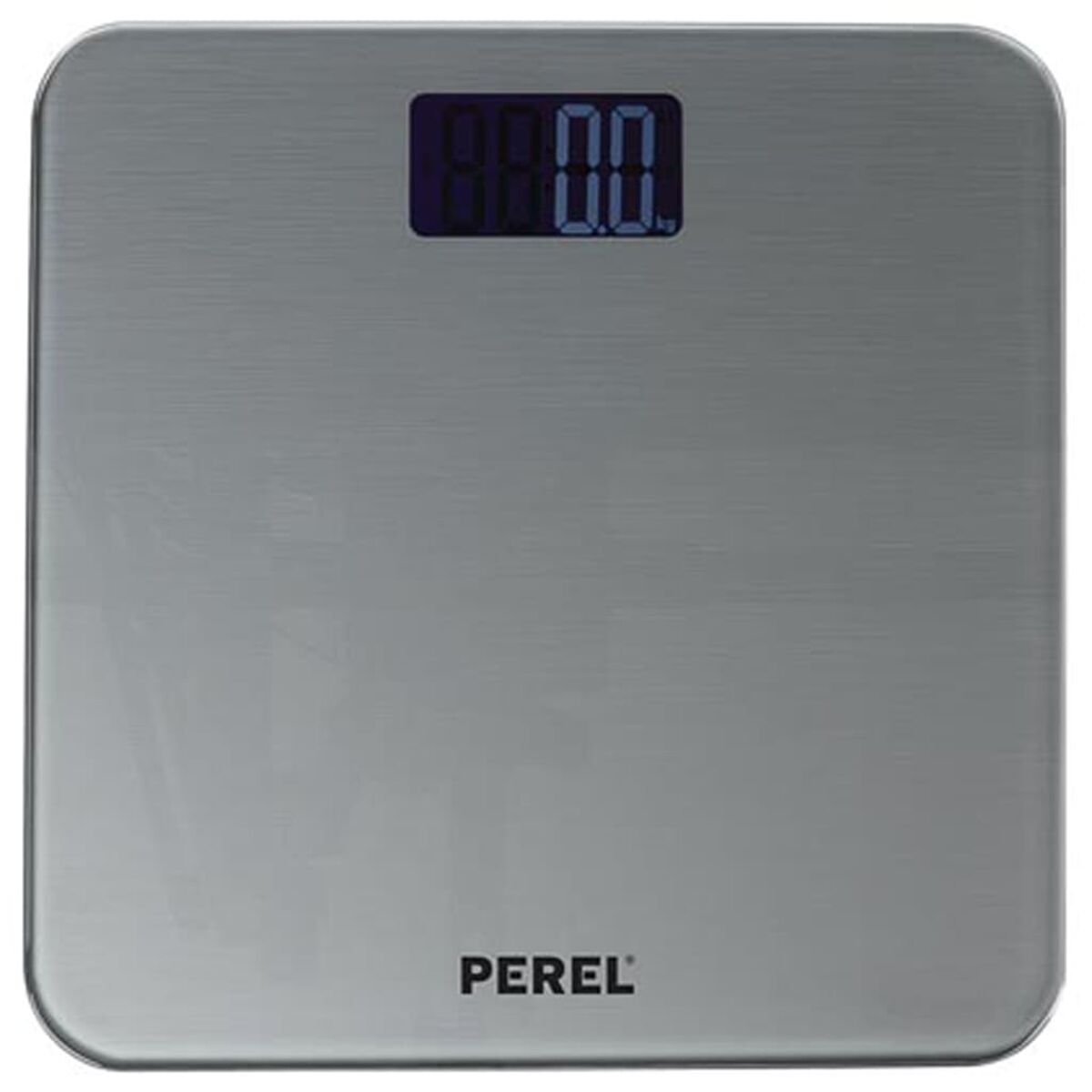 Eine silberne digitale Badezimmerwaage mit blauem Digitaldisplay. Der Markenname 'PEREL' ist unten aufgedruckt.