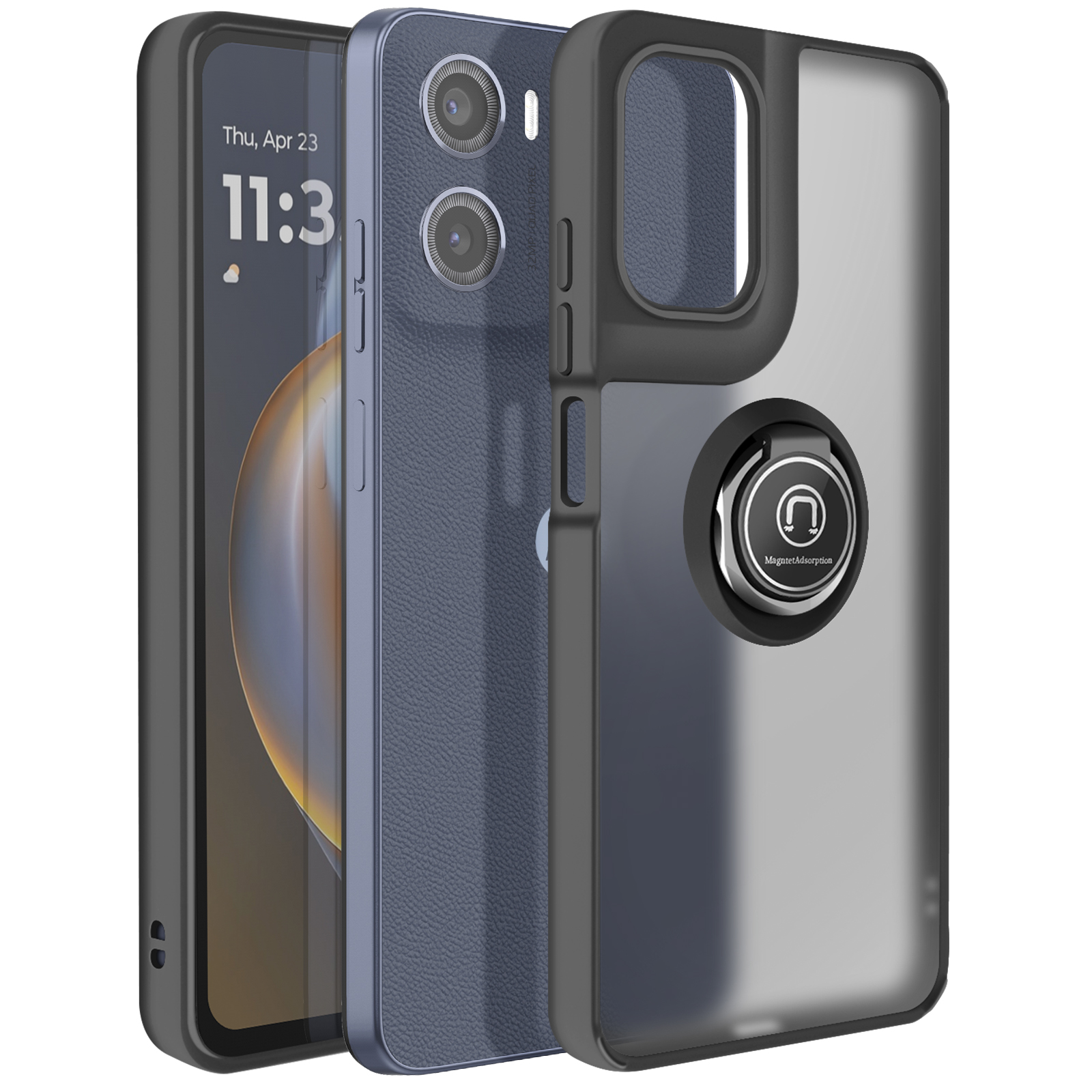Drie telefoons met verschillende hoesjes worden getoond. De telefoon links toont de tijd. De andere twee zitten in hoesjes.