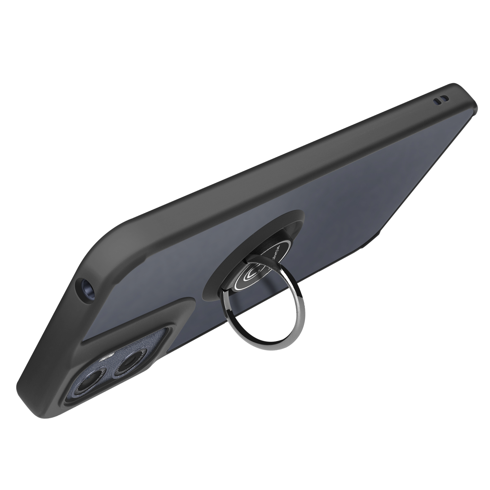 Een zwarte telefoonhoes met een ringhouder. De telefoonhoes staat schuin op een witte achtergrond, cameradetails zichtbaar.