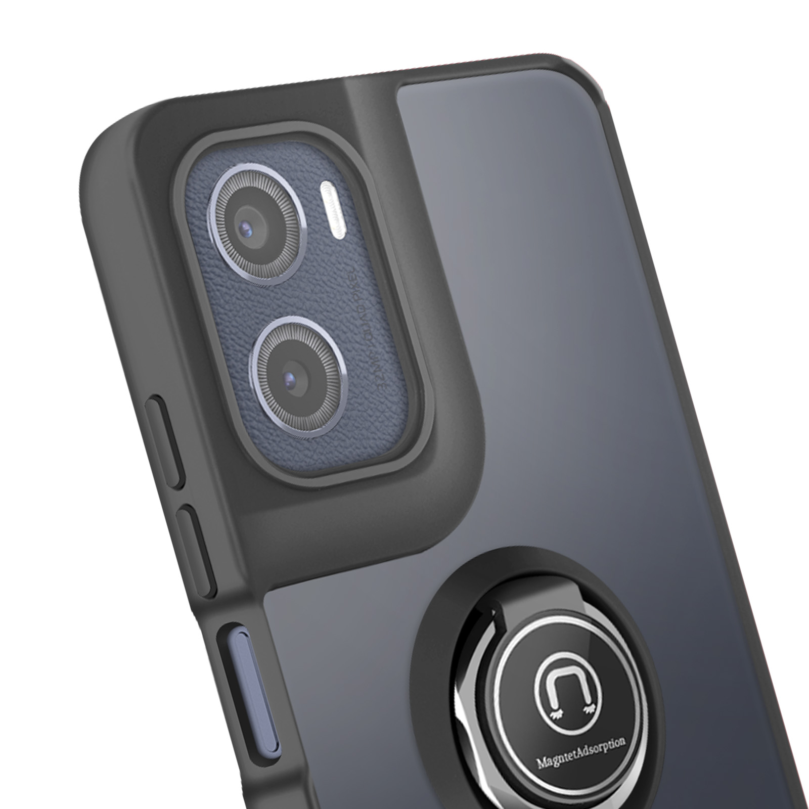 Close-up van een telefoonhoesje met een ringhouder. De hoes is zwart en grijs, met een camera en een ringhouder.
