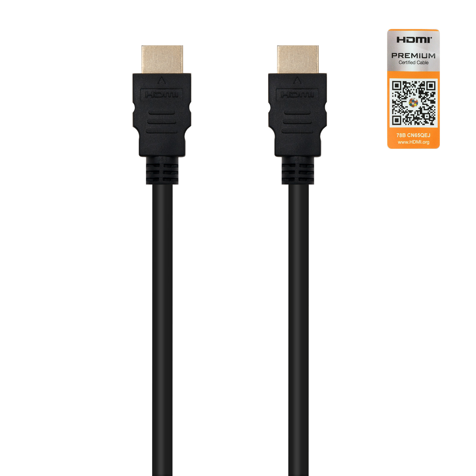 Dos cables HDMI negros con conectores dorados. Una etiqueta de cable certificado premium está a la derecha.